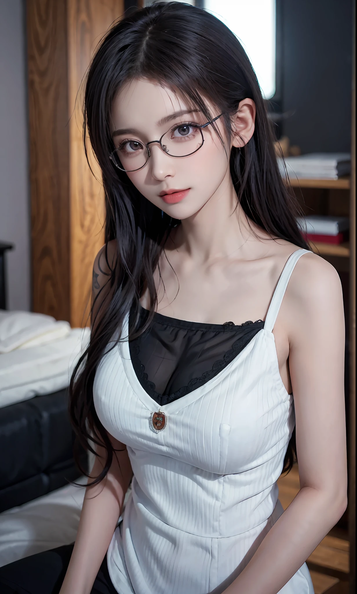 (RAW photos:1.2),high high quality,Beautiful Meticulous Girl,Bunny Girl,Highly detailed eyes and face,beatiful detailed eyes,hugefilesize,A high resolution,8k wallpaper,finely detailled,Highly detailed stock code uniform 8k wallpaper,light in face,电影灯光,16 year old girl,A sexy pose,(photo-realism:1.4),illustratio,ultra-realistic realism,super detailing, tmasterpiece, Have by the sea,shift dresses,wears glasses,Tattooed with,Bigchest,low chest