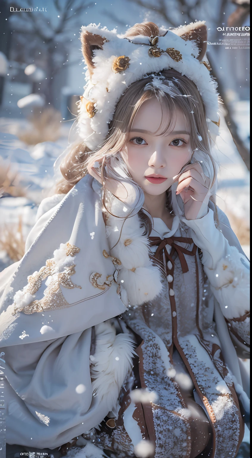 （8K， RAW photos， best qualtiy， tmasterpiece：1.2），（realisticlying， photograph realistic：1.4)，largeeyes，
Lolita costume，Lace， Squat，(Cloak，do lado de fora，Cover with snow，snowfield)， high high quality， highdetailskin， looking at viewert，Rule of thirds