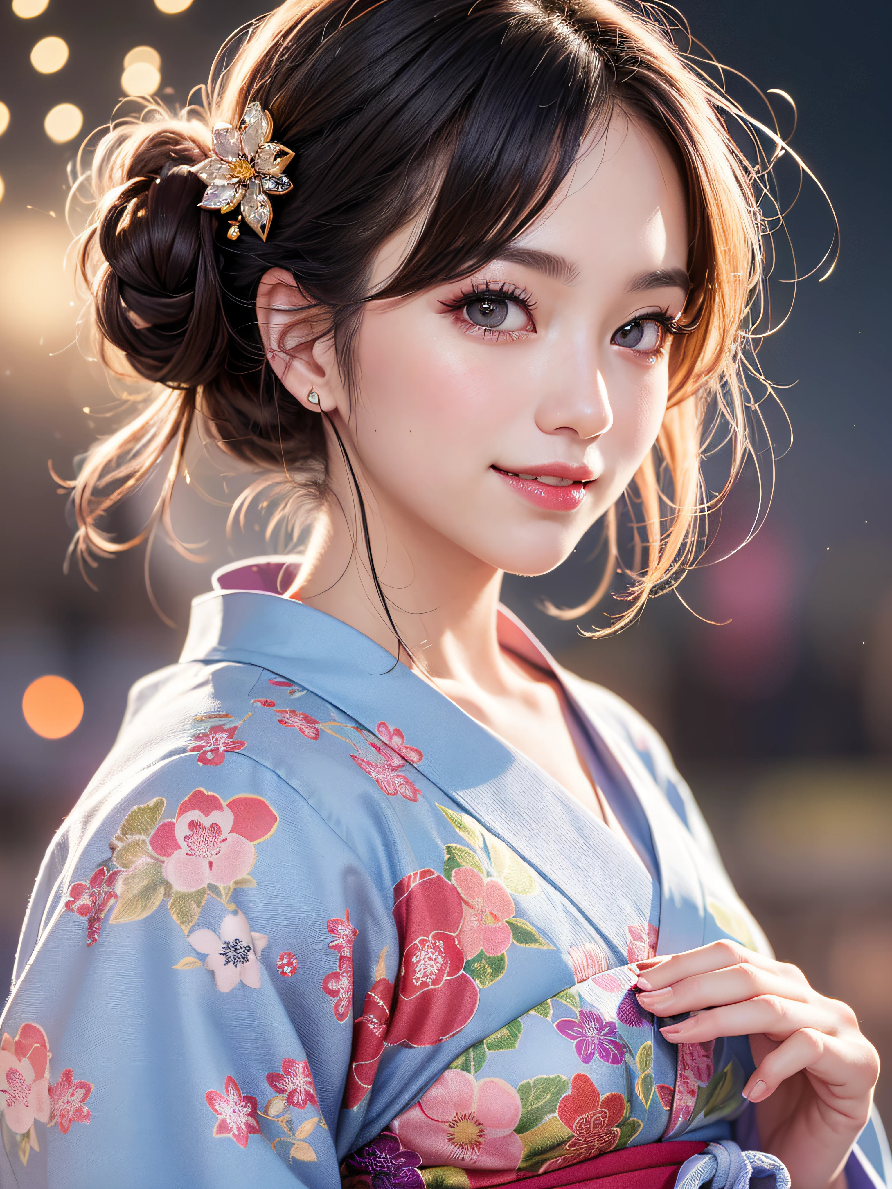 (realistic, photo-realistic:1.37), (masterpiece:1.2), (best quality:1.4), (ultra high res:1.2),(RAW photo:1.2), (sharp focus:1.3), (face focus:1.2), vibrant details, hyperrealistic, (full body:1.37), (1girl wearing detailed yukata:1.5), (23yo:1.1), (happy smile:1.35), (extremely detailed beautiful face and eyes:1.4), (extremely detailed beautiful hair:1.4),delicate composition,(posing:1.2), (young hands:1.2), medium breast, flower hair ornament,(Updo hair:1.3),( lipgloss, eyelashes, gloss-face, glossy skin, best quality, ultra highres, depth of field, chromatic aberration, caustics, Broad lighting, natural shading,Kpop idol:1.2) looking at viewer with a serene and goddess-like happiness,BREAK, (Beautiful fireworks in the night sky background:1.2),(japanese summer festival:1.1), scenery, bangs, beautiful detailed eyes, makeup, looking at viewer, (cute), (soft lighting), finely detail,
