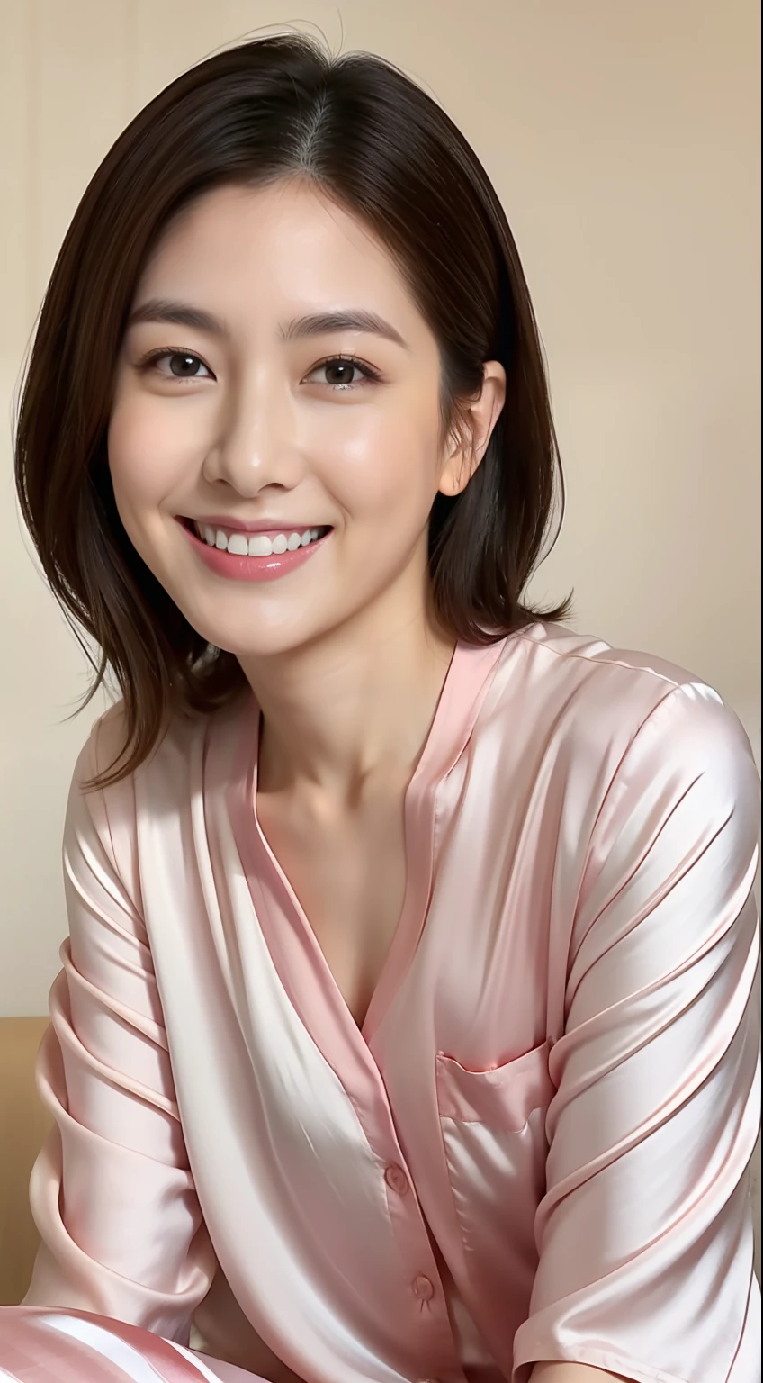 Japan woman in silk pink pajamas is sitting on bed and smiling,