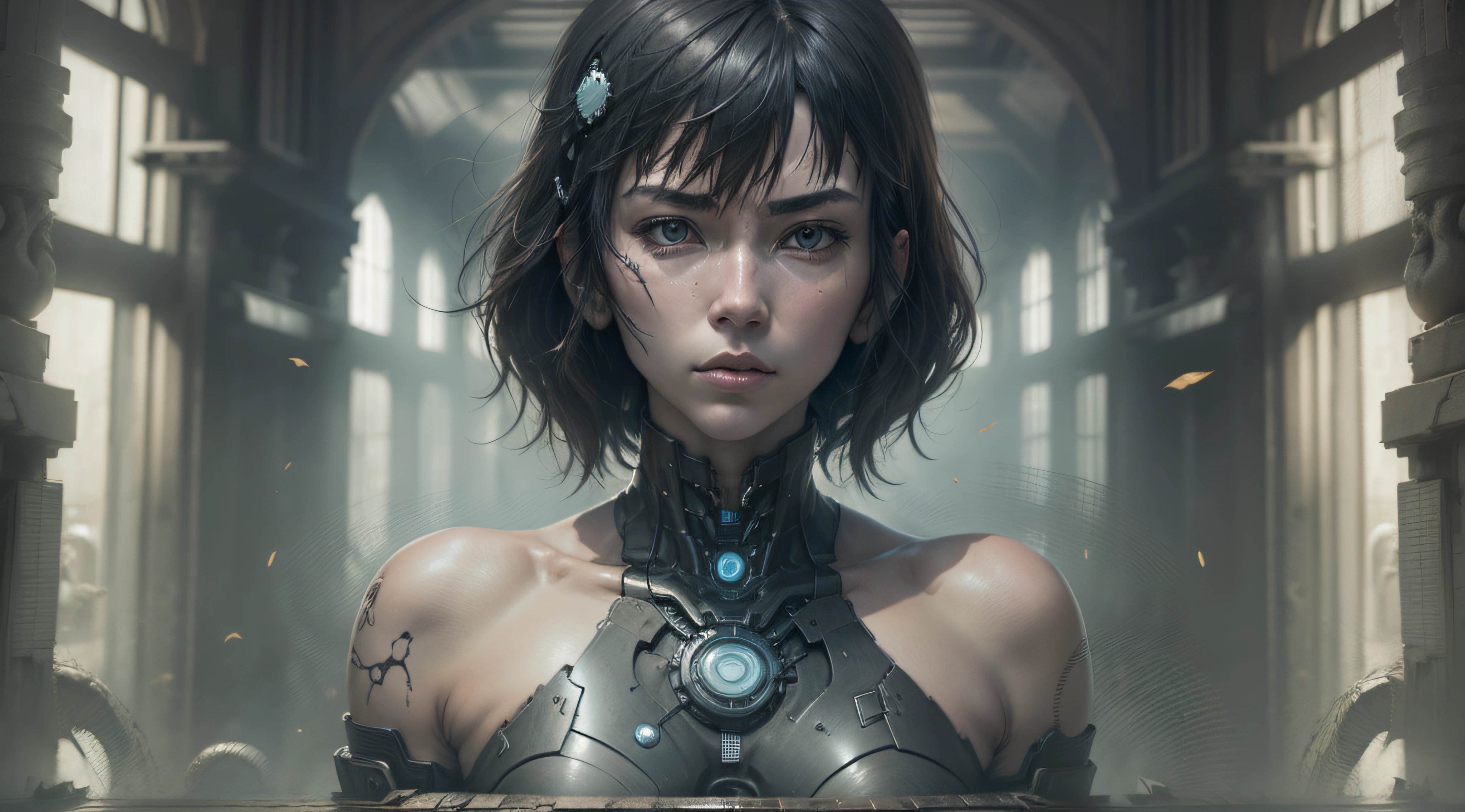 ghost in the shell kusanagi corpo escultural, numa maquina com cabos e fios ligados,