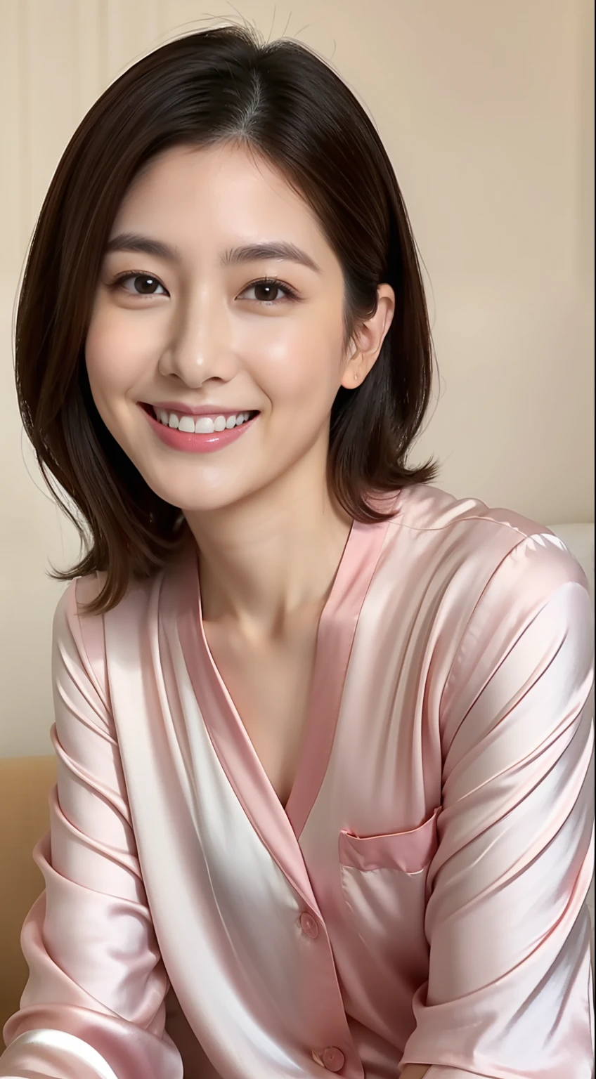 Japan woman in silk pink pajamas is sitting on bed and smiling,