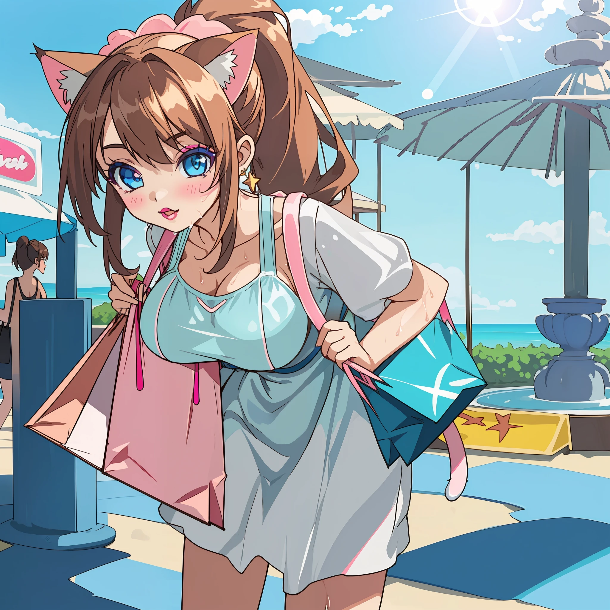 (Highly detailed CG Unity 8k wallpaper), (Best Quality), (Super Detail), (Best Illustration), (Best Shadow), POV, Realistic lighting and shading, Natural light, Lens flare effect, BREAK, 1 beautiful girl, Solo,(Cute:1.5),(Chibi:0.8), (kawaii:1.5),(Lori:0.5), BREAK, ( ( girl), Very detailed, colourfull, highest details, BREAK, (Huge breasts: 1. 2,), Clear skin, Beautiful skin, Shy skin, 1 beautiful girl, Brown hair, (Cat ears, Ponytail, medium-Long hair: 1. 2), (Light blue eyes, long eyelashes, Double eyelids: 1. 2), Solo, gleaming skin, BREAK,(Wet Casual Beachwear:1.2), (lightweight summer one-piece dress:1.2), (White straw hat:1.0), (Fashionable pumps for dating:1.0), (star-shaped earring:1.1), (Black pantyhose:1.0), (Cute Accessories:1.3), BREAK, (Light pink eyeshadow,teak,Cute lipstick:1.3),(A bustling shopping mall, Shopping Dating,Meet in front of the fountain:1.2),