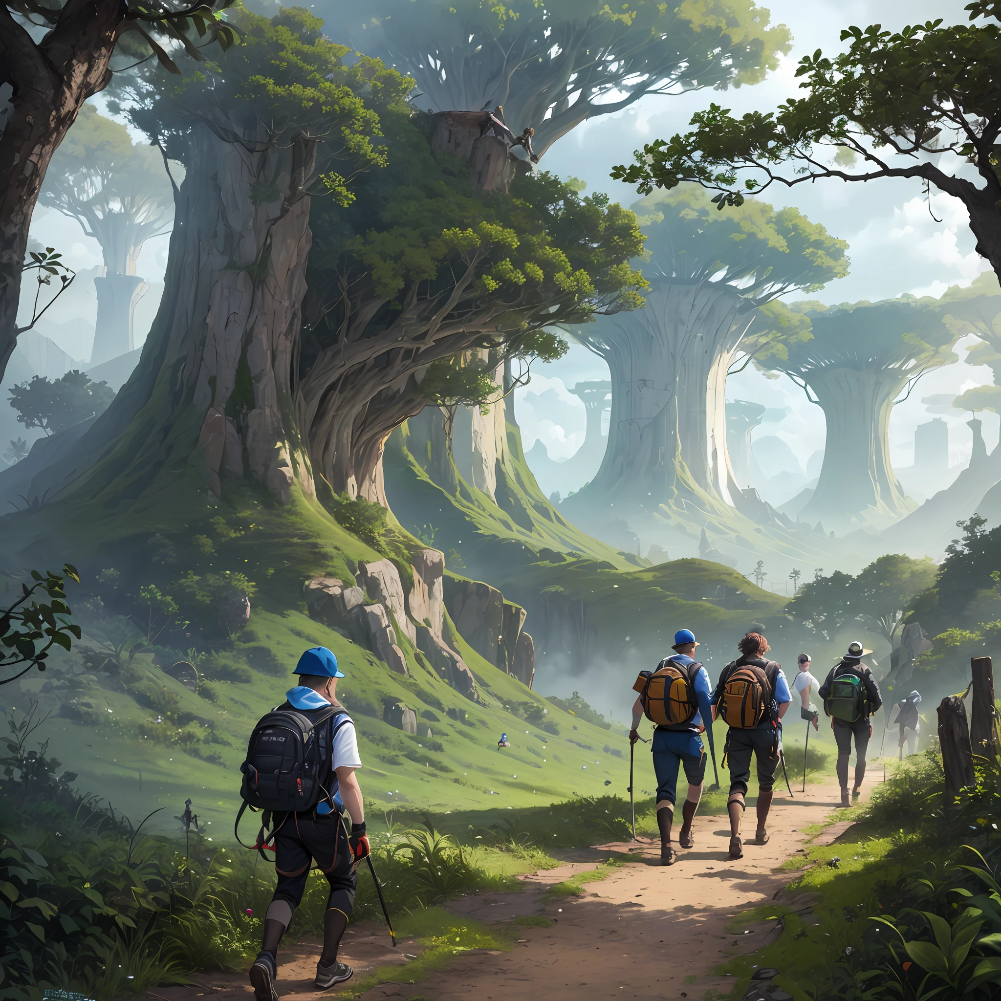 Uma imagem de 4 amigos homens caminhando pela ilha, in the midst of dense and gloomy vegetation, demonstrating determination and team spirit. They're anxious, ready to face the challenges they will encounter.