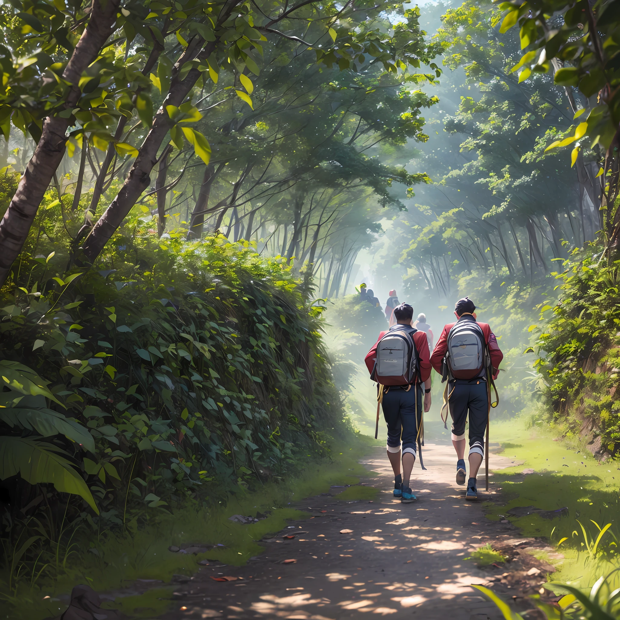 Uma imagem de 4 amigos homens caminhando pela ilha, in the midst of dense and gloomy vegetation, demonstrating determination and team spirit. They're anxious, ready to face the challenges they will encounter.