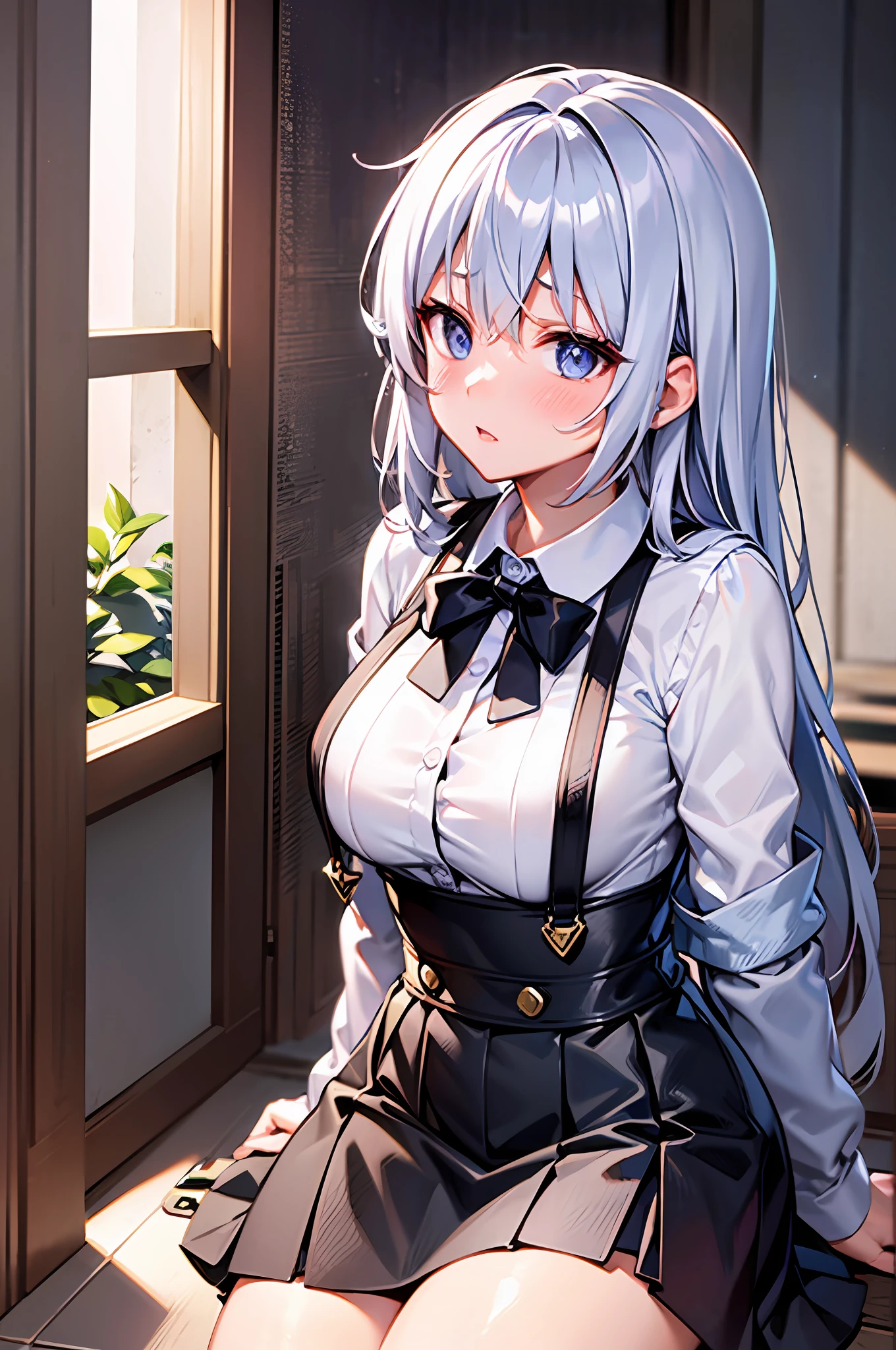 One lady,{Best Quality}, {ultra-detailliert}, {very detailed illustration}, Top image quality,silber hair, Aimei, embarrassed from,breastsout,red blush,Black tie,{Suspender Skirt},suspenders,skirt by the,long-sleeve,Casual clothing,a bed,all-fours,{bustup},front-facing view