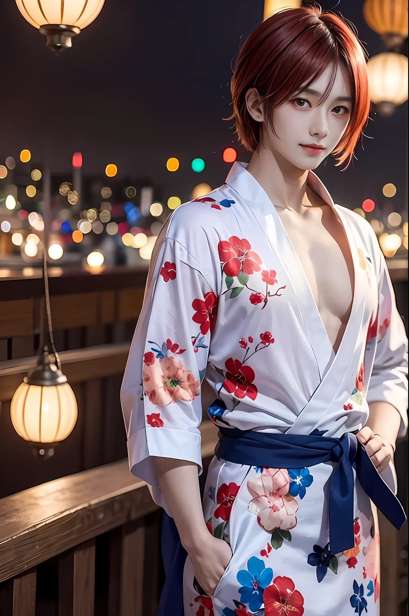 top-quality, masterpiece, hight resolution, 1 juvenile, Male Focus, 独奏, Beautiful Boys, put hands on the hip, cleavage of the breast, Look at viewers, A smile, Opening Mouth, Summer Festivals, paper lanterns, Blue yukata, beautiful lighting, a handsome, male people, ighly detailed。Young men。male in his 20s。(((male people)))。red hairs。Red-haired。Red color hair。