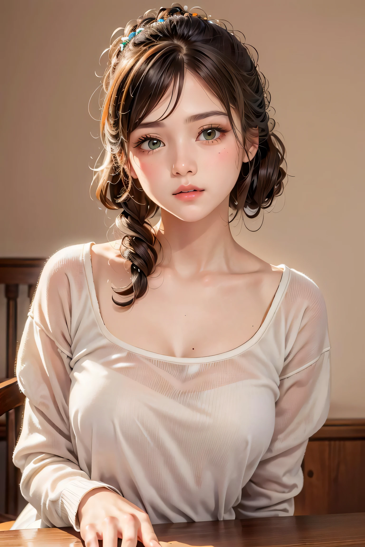 1girl, solo focus, girl, skin imperfection, light olive skin, perfect face, puffy face, beautiful face, big eyes, puffy eyes, green eyes, perfect eyes, eyelashes, very short chignon mahogany hair