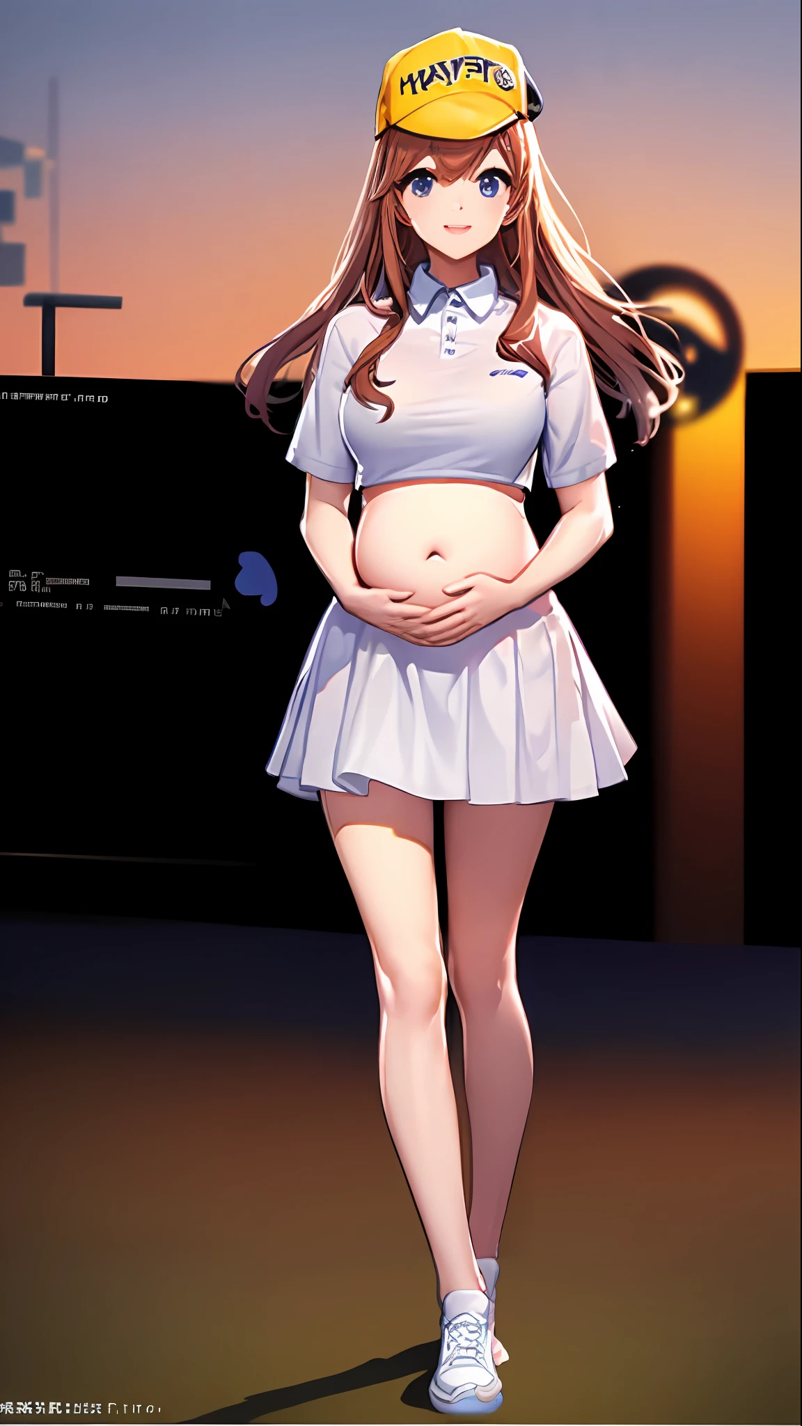 hoang lap、tmasterpiece、Best quality、realisticlying、Hyper-detailing、(Shiny skin,sweat leggs:1.4)、Slim、Look at the audience、1girll、Solo、tennis wear、White polo shirt、White sneakers、white mini-skirt、long whitr hair、silber hair、eBlue eyes、(thick thight:0.5)、动态照明、A high resolution、sharp fokus、depth of fields、Large breasts,Pregnant belly,Pregnant women with,a navel,A pair of hands,ssmile,Eyes are loving,Lines of a tight grid,perfect bodies,Wearing white stockings