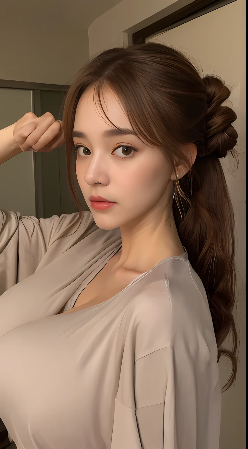 ((Best quality, 8k, Masterpiece :1.3)), 1girl, Pretty woman with emphasizing slender abs :1.3, (random hairstyles, gigantic breasts :1.6), Casual outfit :1.2, Indoor, Ultra-detailed face, Detailed eyes, Double eyelid