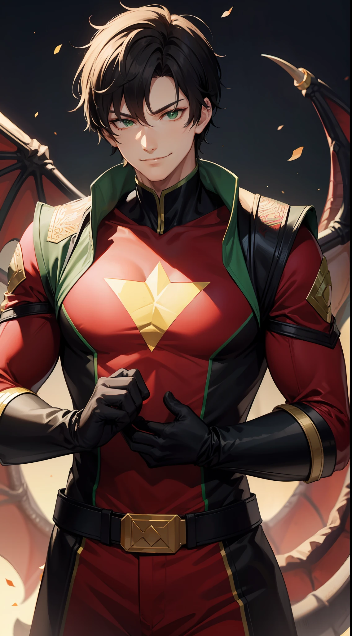 Tall guy, short black hair, Green eyes, Red superhero uniform, dragon, smirk, Masterpiece, hiquality