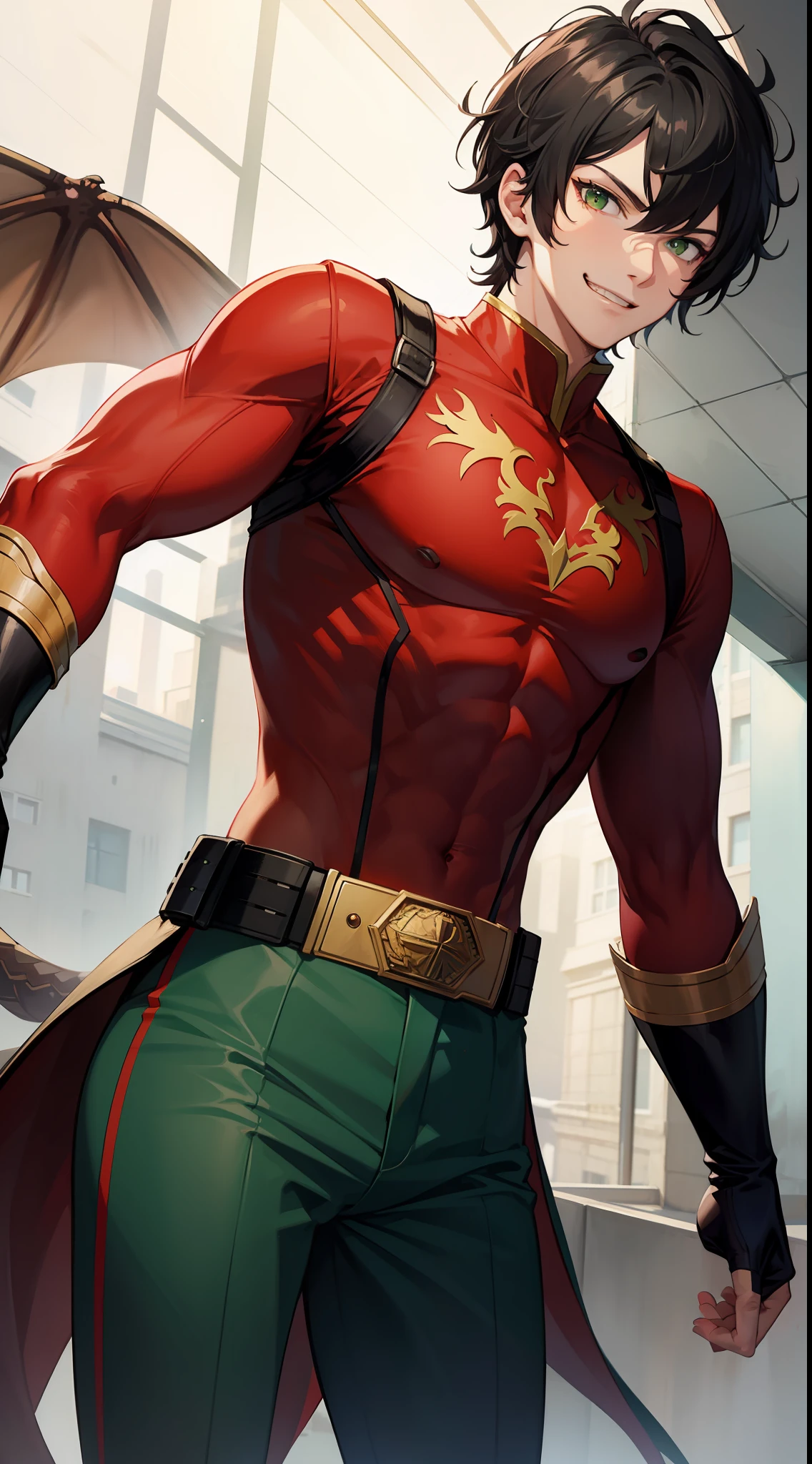 Tall guy, short black hair, Green eyes, Red superhero uniform, dragon, smirk, Masterpiece, hiquality