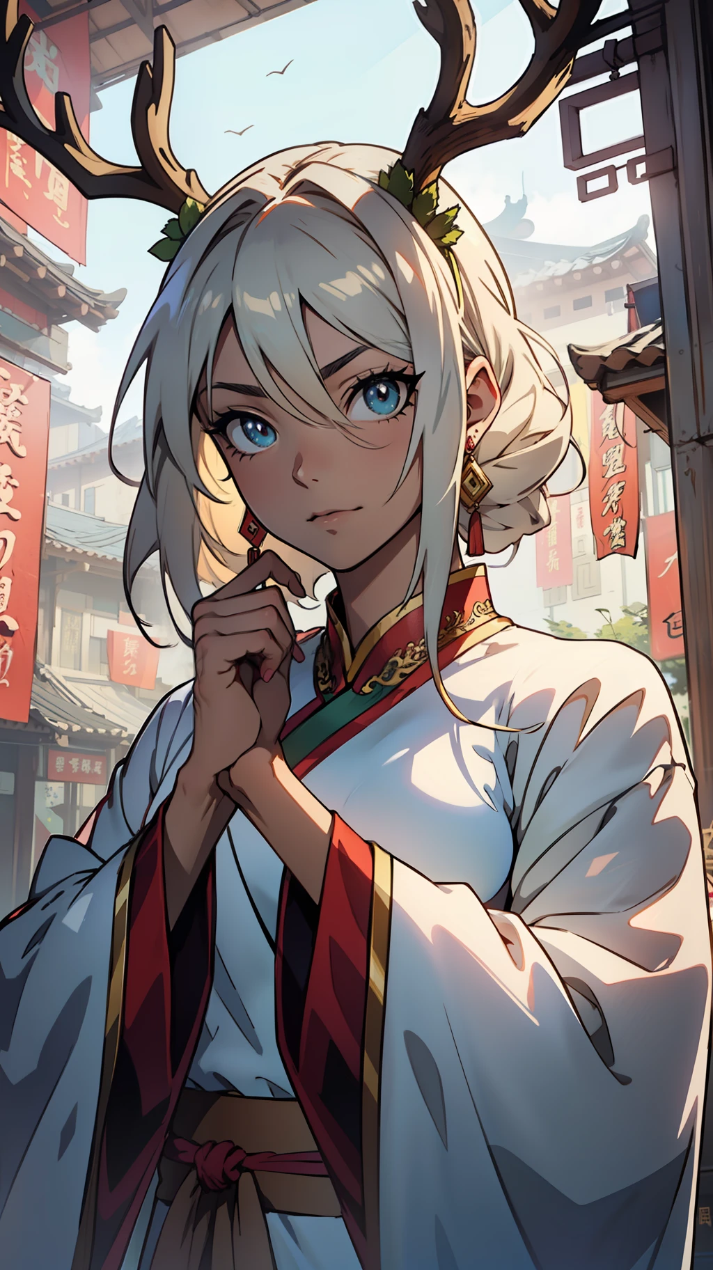 ((Hands of Guido Daniele))(deer antlers)(((wie z_swarm))),Best_quality,(((Anime))),Head,Original_Outfit, TRADITIONAL CHINESE COSTUMES,Clear details,Masterpiece, Best_quality, Clear details,1 girl,White clothes,Detailed skin texture,Detailed cloth texture, Beautiful detailed face, Ultra detailed, White hair, Clear pupils,Blue eyes, Clear face,Green clothes,full bodyesbian