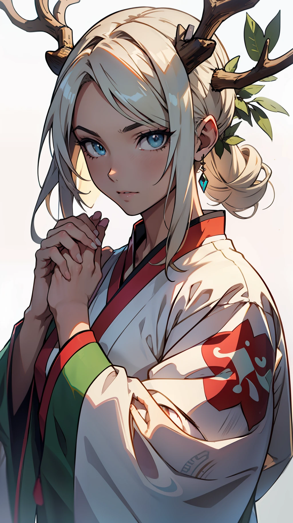 ((Hands of Guido Daniele))(deer antlers)(((wie z_swarm))),Best_quality,(((Anime))),Head,Original_Outfit, TRADITIONAL CHINESE COSTUMES,Clear details,Masterpiece, Best_quality, Clear details,1 girl,White clothes,Detailed skin texture,Detailed cloth texture, Beautiful detailed face, Ultra detailed, White hair, Clear pupils,Blue eyes, Clear face,Green clothes,full bodyesbian