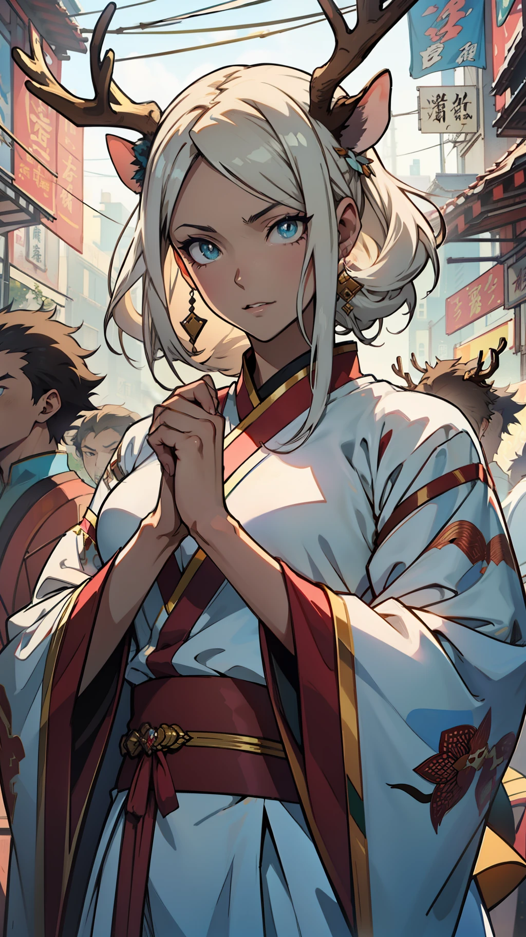((Hands of Guido Daniele))(deer antlers)(((wie z_swarm))),Best_quality,(((Anime))),Head,Original_Outfit, TRADITIONAL CHINESE COSTUMES,Clear details,Masterpiece, Best_quality, Clear details,1 girl,White clothes,Detailed skin texture,Detailed cloth texture, Beautiful detailed face, Ultra detailed, White hair, Clear pupils,Blue eyes, Clear face,Green clothes,full bodyesbian