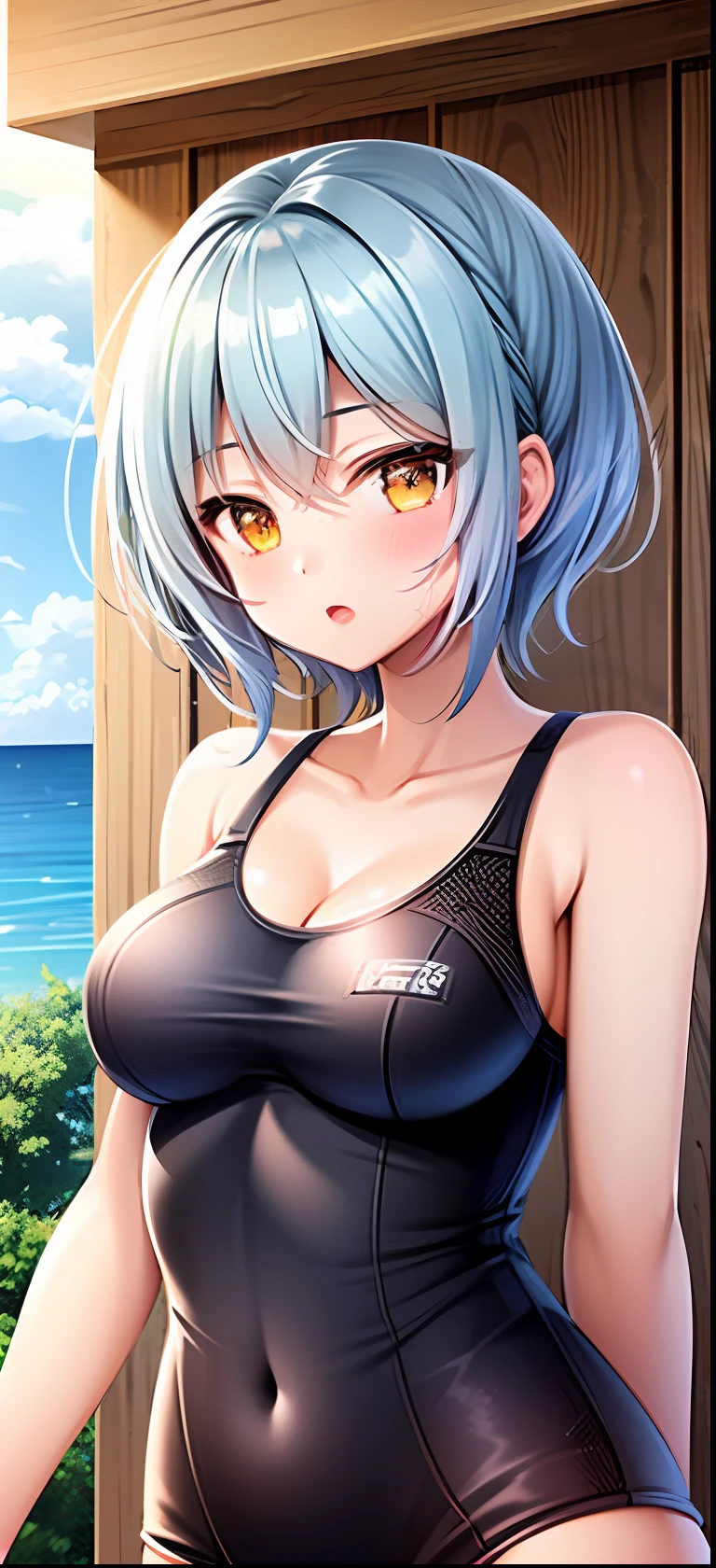 1girl,light blue short hair, light yellow eyes,cute,blush,swim suit,medium breast,sea,sun light,best quality,highest quality