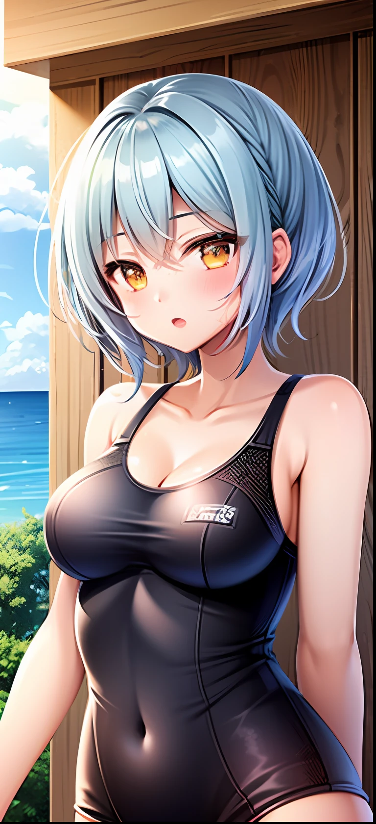1girl,light blue short hair, light yellow eyes,cute,blush,swim suit,medium breast,sea,sun light,best quality,highest quality