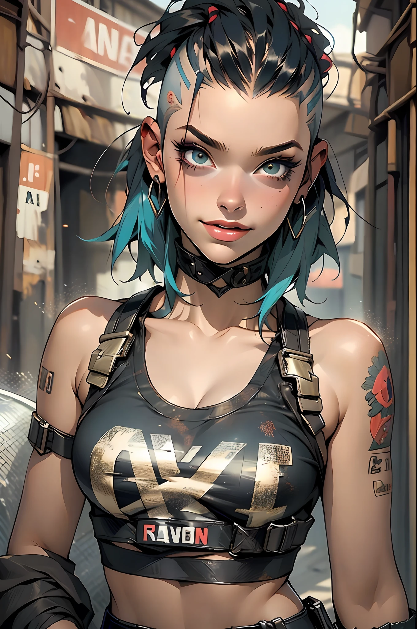 ((( corpo inteiro ))), master part, best quality, super detalhe, 8k, mulher linda, Tank Girl com cara de maluca, sorriso malicioso , corpo inteiro, cabelo moicano colorido, garota punk, post-apocalyptic world, (( ****** do tanque )), Nijistyle, roupas rasgadas e sujas, moicano curto, sides of shaved head, rosto limpo