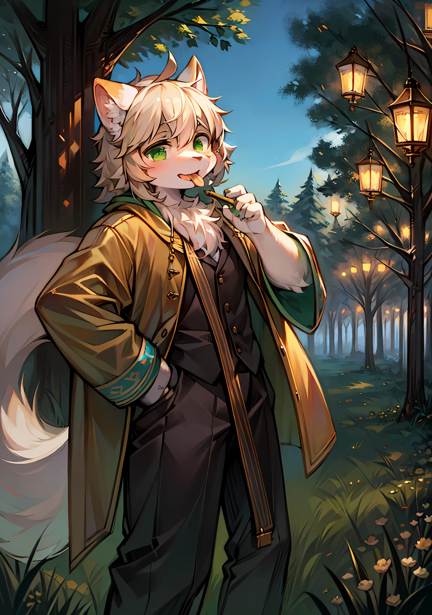 Masterpiece,High quality,abstract res,Digital painting\(artwork of a\), author：BrukkiGunar, Yupa,Kiyosan,(anthro,Fluffy fur,Character focus:1.1),anthro male cat,Portrait , eyes with brightness, in a panoramic view, Character focus.(detailedbackground:0.7), 独奏, shaggy, shaggy male, Majesty,apathy,Handsome,Stick out your tongue,malefocus, Robust,Strong anthrax(Full Body Furry, It has a fluffy tail，With a green pattern, White fur, Dark green eyes), (Long felines、moth、White feathers、Dark green ears、Beige tail、Beige smoky pattern、Beige hair、Manteau：1.2），（External、In the daytime、Dense grass、Low tree、clear skies、grassy fields）
