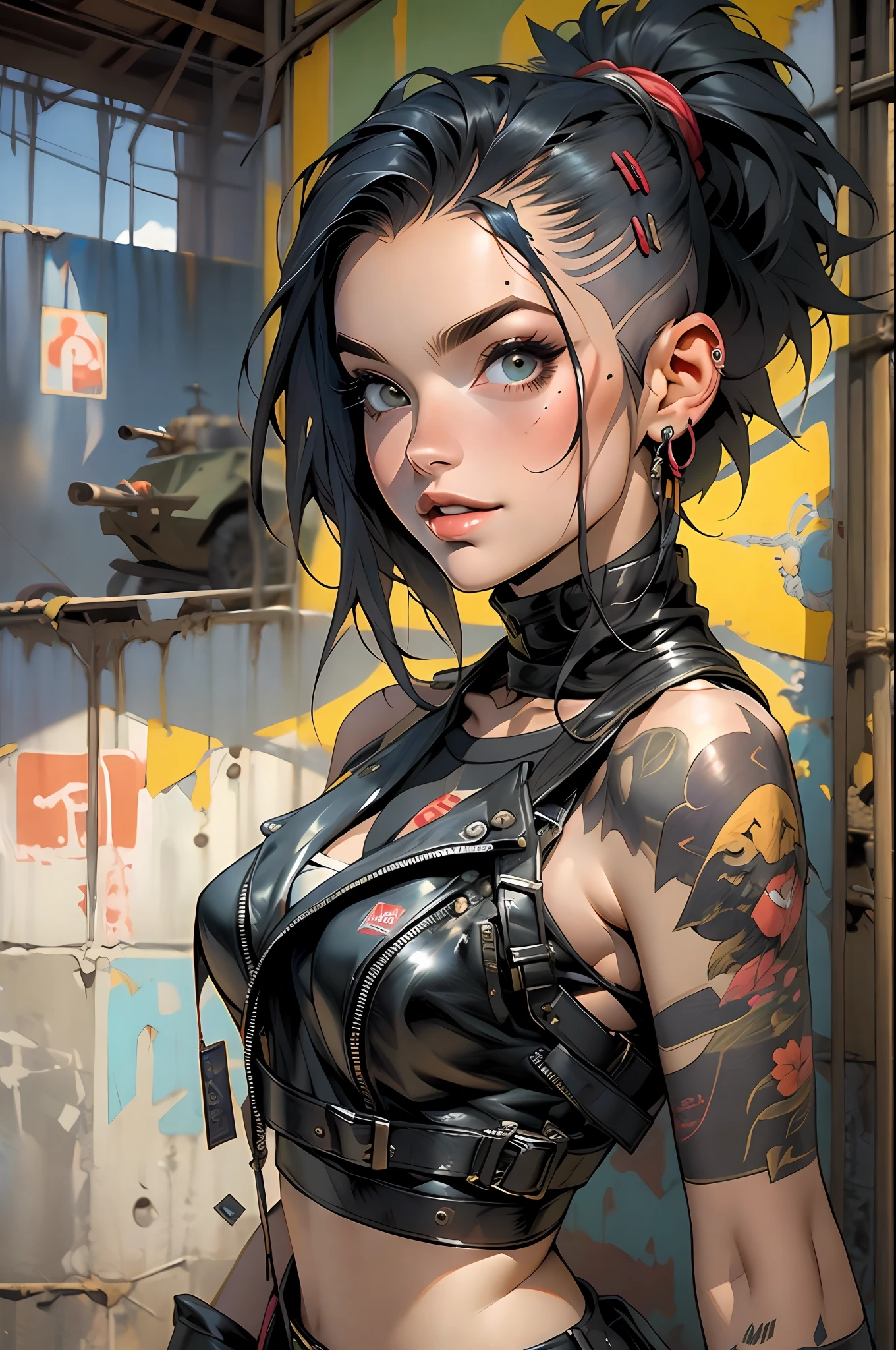 ((( corpo inteiro ))), master part, best quality, super detalhe, 8k, mulher linda, Tank Girl com cara de maluca, sorriso malicioso , corpo inteiro, cabelo moicano colorido, garota punk, post-apocalyptic world, (( ****** do tanque )), Nijistyle, roupas rasgadas e sujas, moicano curto, sides of shaved head, rosto limpo