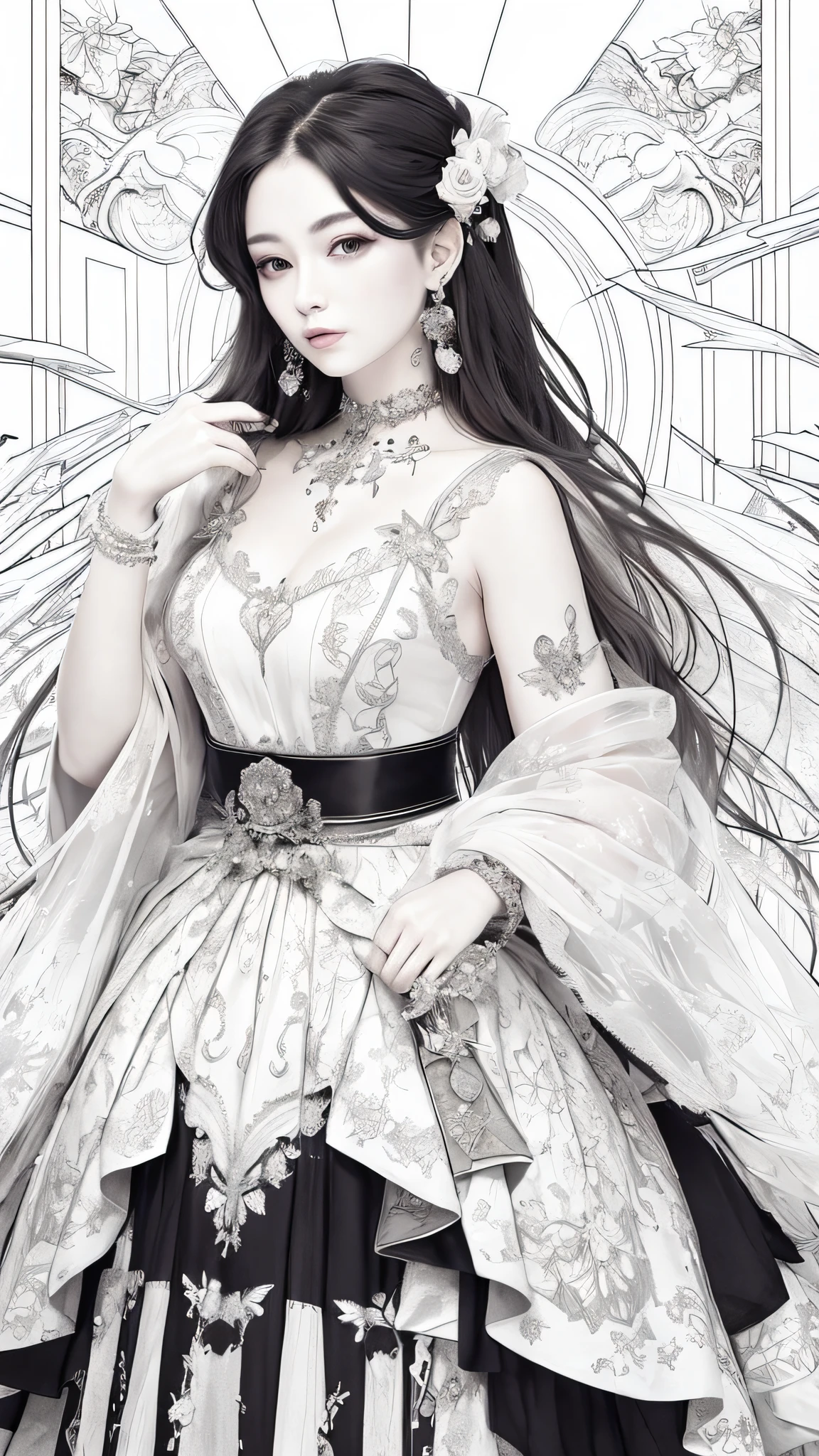 a drawing，A woman in a dress，There is a butterfly on the shoulder, a beautiful fantasy empress, ((a beautiful fantasy empress)), exquisite line art, Black and white coloring, Anime fantasy illustration, Goddess. Extremely high detail, highly detailed exquisite fanart, A beautiful artwork illustration, beautiful line art, beautiful elegant demon queen, beautiful and seductive anime woman