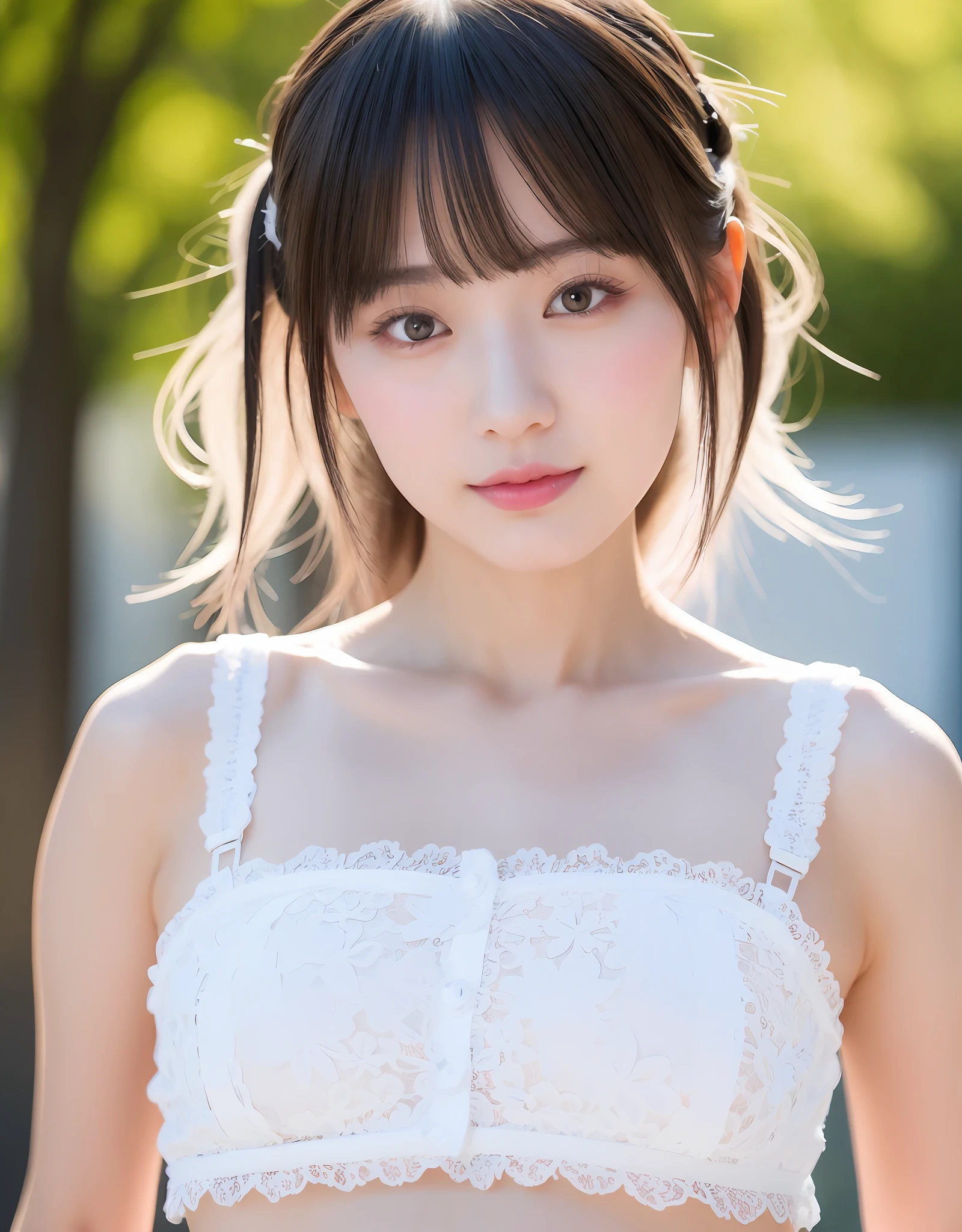 Asian woman in Harajuku fashion, wispy bangs, glowing skin, white lace crop top. (8K, Best Quality : 1.2), (Masterpiece, Photorealistic : 1.3), Super Detail, anatomically correct
