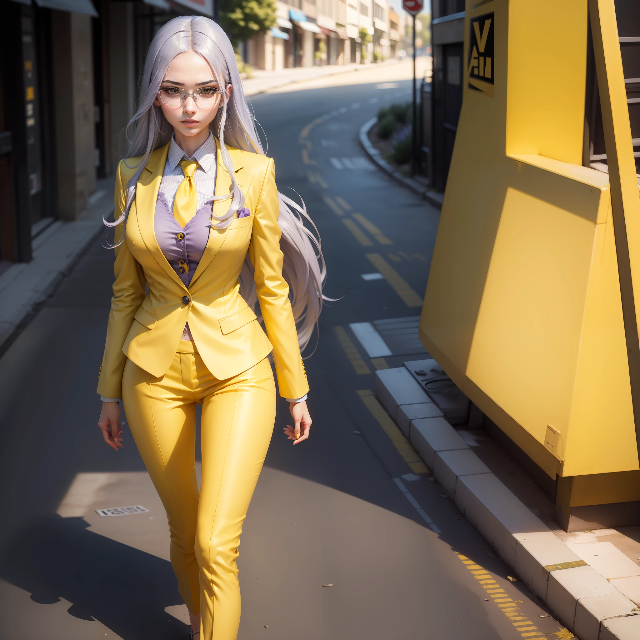 (1girl,silver long hair, lavender eyes, yellow glasses),(yellow business_suit:1.4), lipstick, slim body,(walking:1.2),dynamic pose, dynamic angle, street_background, looking at viewer,full body shot,
BREAK
(masterpiece:1. 4, best quality), unity 8k wallpaper, ultra detailed, beautiful and aesthetic, perfect lighting,detailed background, realistic, solo, perfect detailed face, highly detailed, NAMI(0.8),