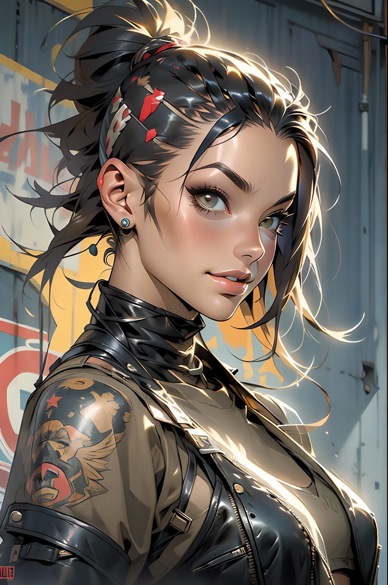 ((( corpo inteiro ))), master part, best quality, super detalhe, 8k, mulher linda, Tank Girl com cara de maluca, sorriso malicioso , corpo inteiro, cabelo moicano colorido, garota punk, post-apocalyptic world, (( menina do tanque )), Nijistyle, roupas rasgadas e sujas, moicano curto, sides of shaved head, rosto limpo