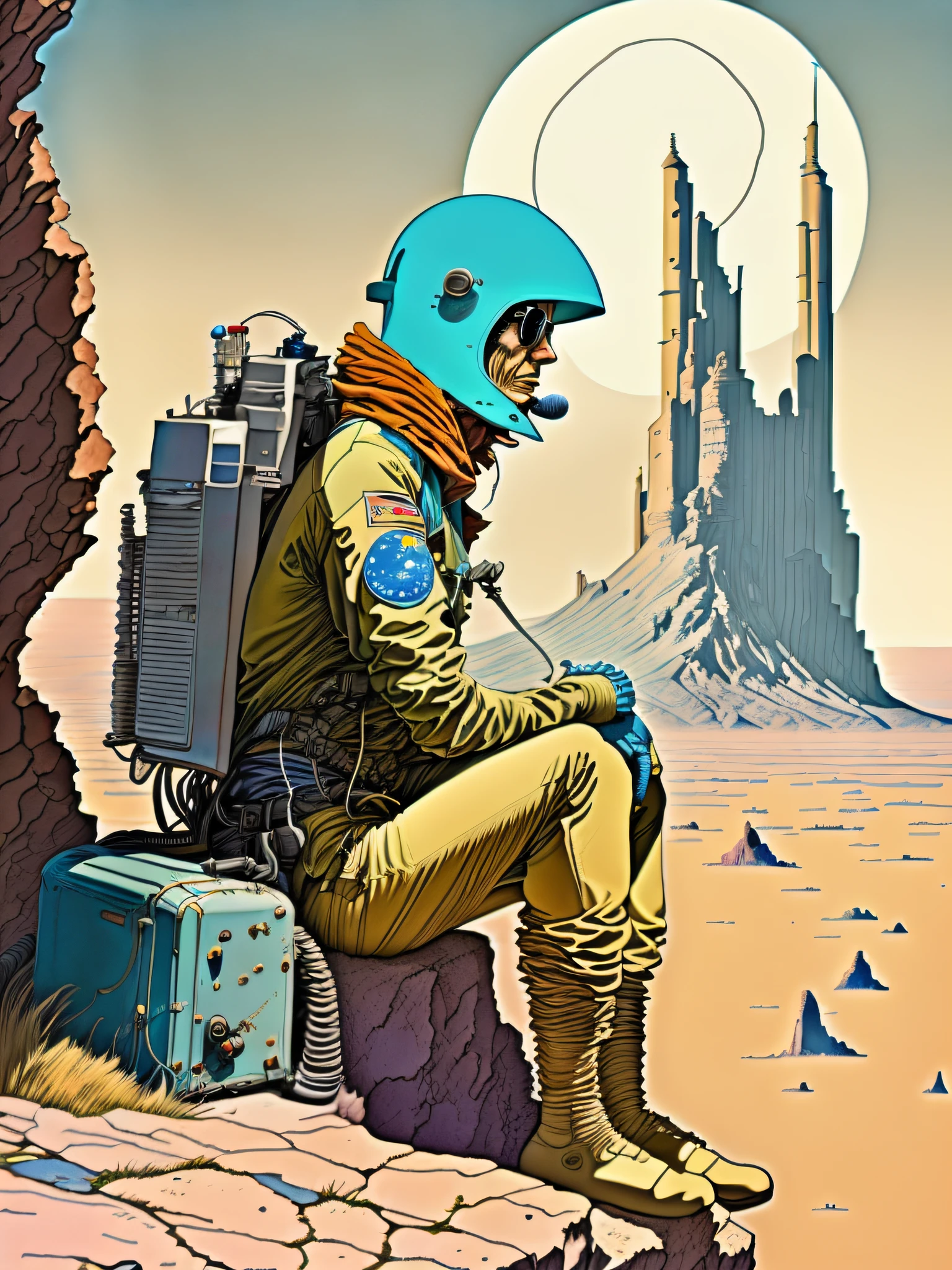 a painting of a Astronaut in Space Suit, sitting on a cliff with a spaceship in the background by Moebius Jean Giraud