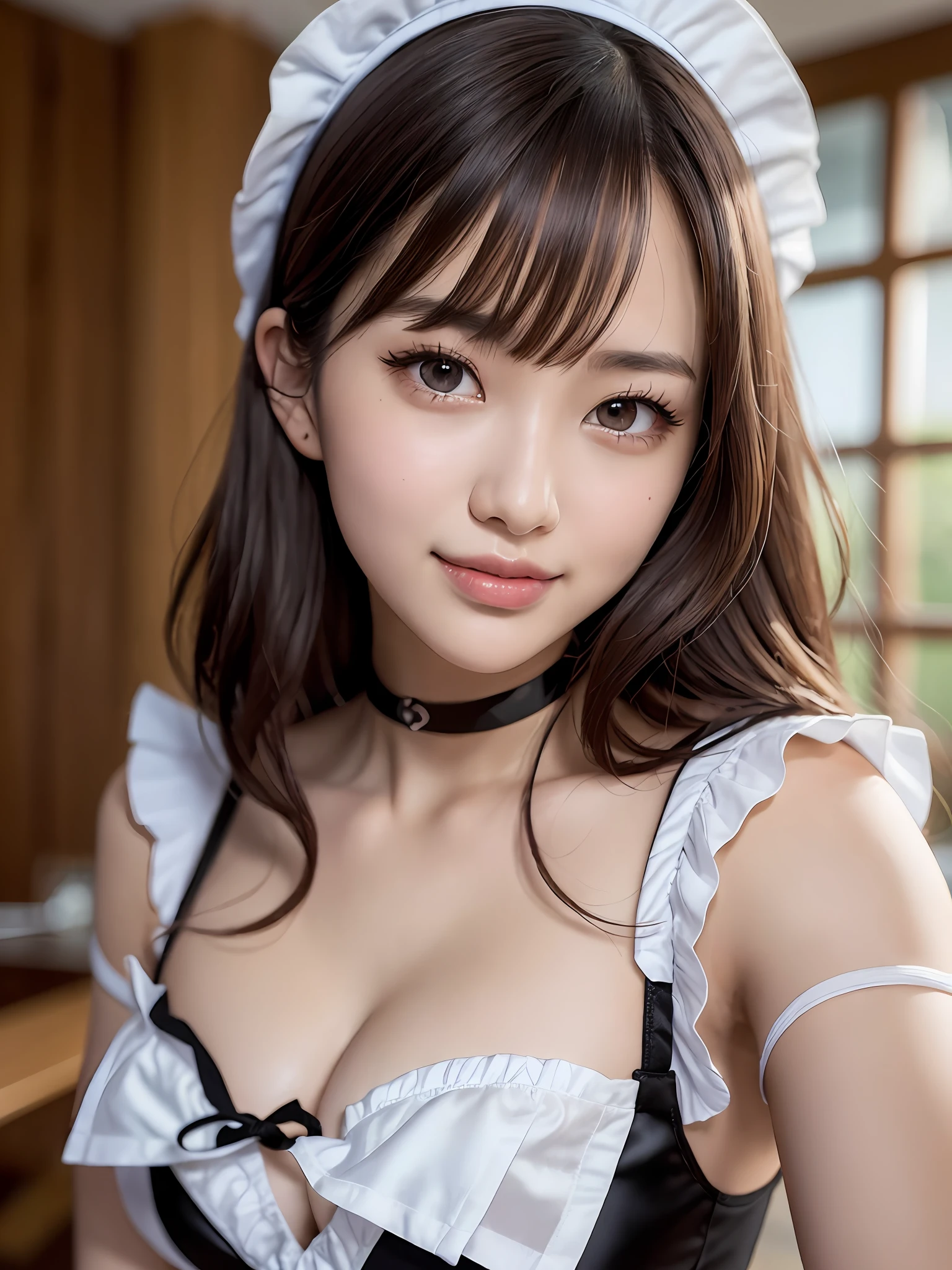 masterpiece, 1 girl per 1 photo, upper body shot, directly front view, a Japanese young pretty woman, wearing a short sleeve satin silky black cute maid costume in the cafe with a big smile, wearing a white frilled headband, a white frilled apron, a black choker, glamorous figure, hyper cute face, glossy lips, sweaty body, double eyelids in both eyes, Natural makeup, long eyelashes, shiny smooth light brown hair of long bob hair, asymmetrical bangs, tanned skin, central image, 8K resolution, high detail, detailed hairstyle, Detailed Face, spectacular cinematic lighting, octane rendering, vibrant, hyper realistic, perfect limbs, perfect anatomy