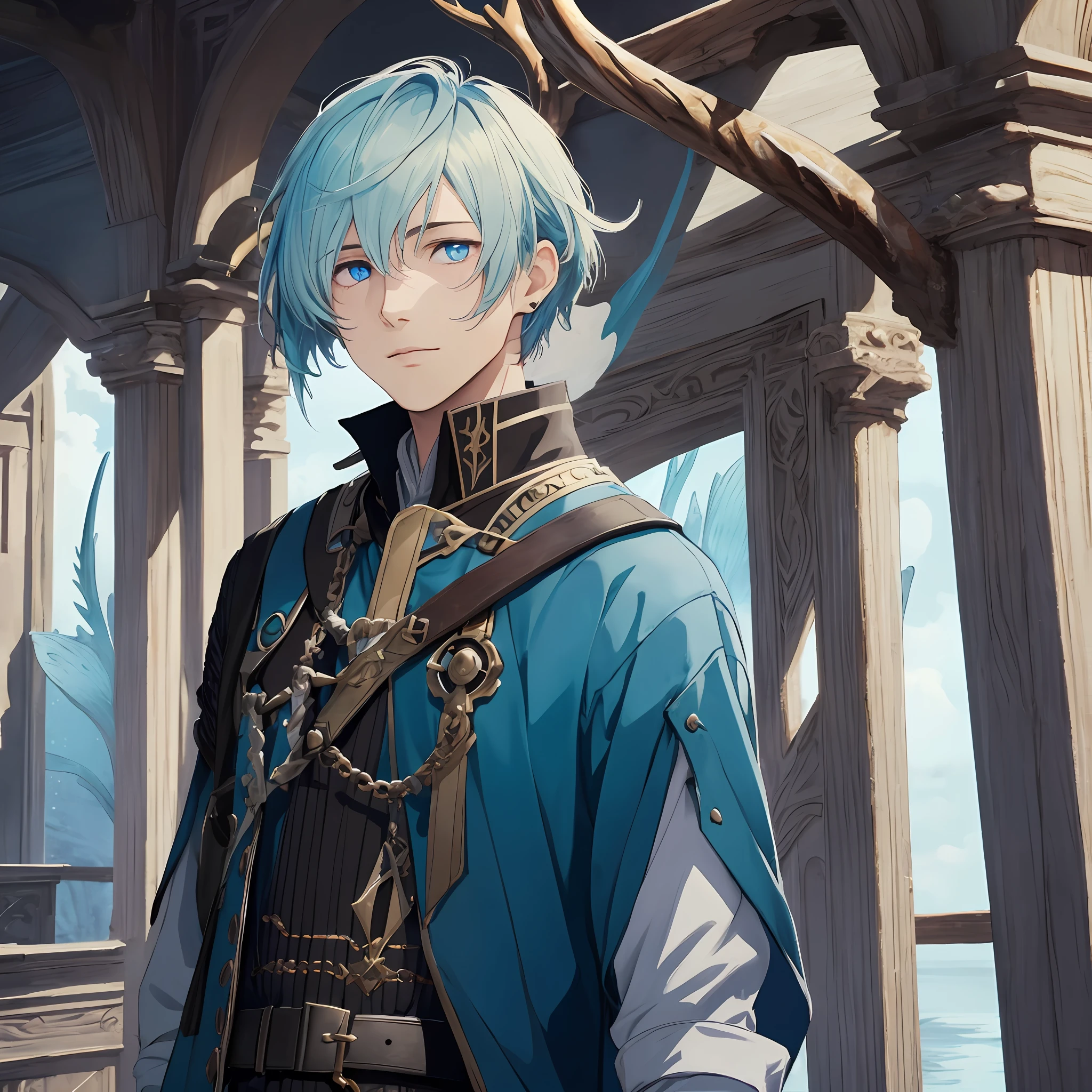 masterpiece, best quality, 1man, adult, male focus, solo, light blue hair, vibrant blue eyes, short hair, looking at viewer, closed mouth, Fantasy aesthetics, Highly detailed, shadowverse style, merman attire, antlantis attire