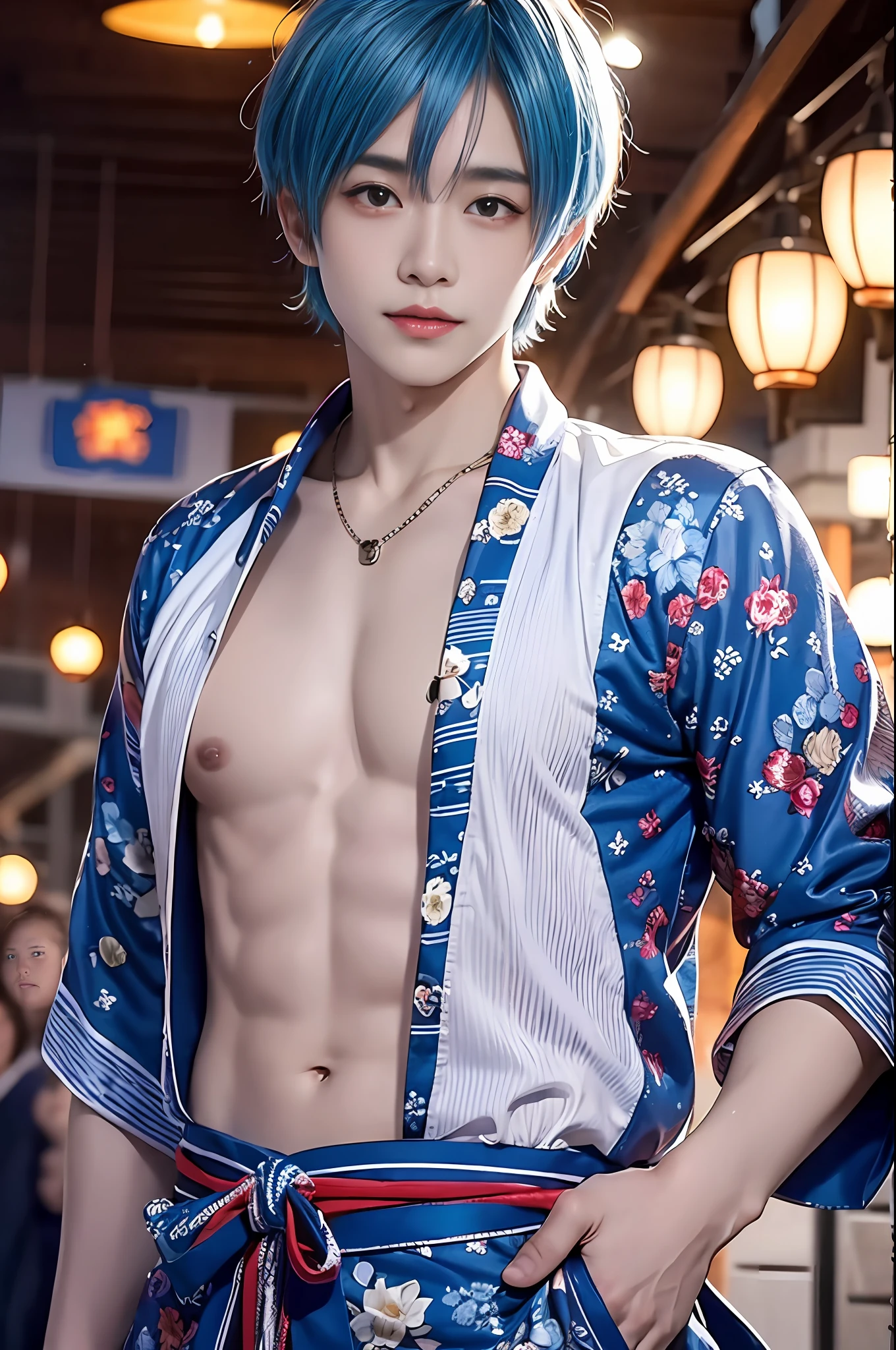 top-quality, masterpiece, hight resolution, 1 juvenile, Male Focus, 独奏, Beautiful Boys, put hands on the hip, cleavage of the breast, Look at viewers, A smile, Opening Mouth, Summer Festivals, paper lanterns, Blue yukata, beautiful lighting, a handsome, male people, ighly detailed。Young men。male in his 20s。(((male people)))。blue hairs。Blue-haired。Blue color hair。