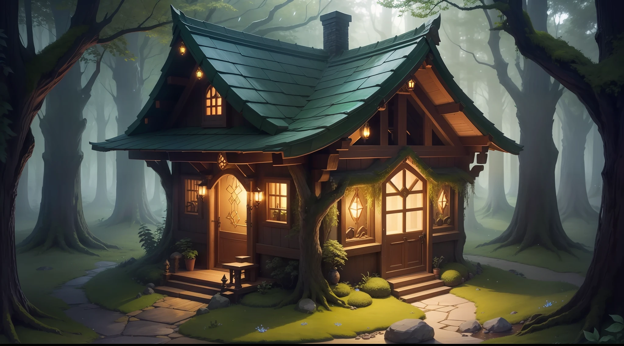 The fantasy fairy house is full of enchanting magic、It is a small fantastic dwelling。The tree々Hide in between、It is located in a small glade where the twinkling light shines gently。The fairy house is made of stones and leaves、It features a beautiful design in harmony with natural materials。Its roof is、covered with green or gold moss,,、Blend in with nature。The house has small windows and doors.、Delicately carved carved sculptures。Glowing crystals and small particles of light、Beautifully illuminate the interior、It creates a fairy magic atmosphere。Magic flowers around the perimeter of the house々And trees in full bloom々々、Strange and beautiful creatures are playing
