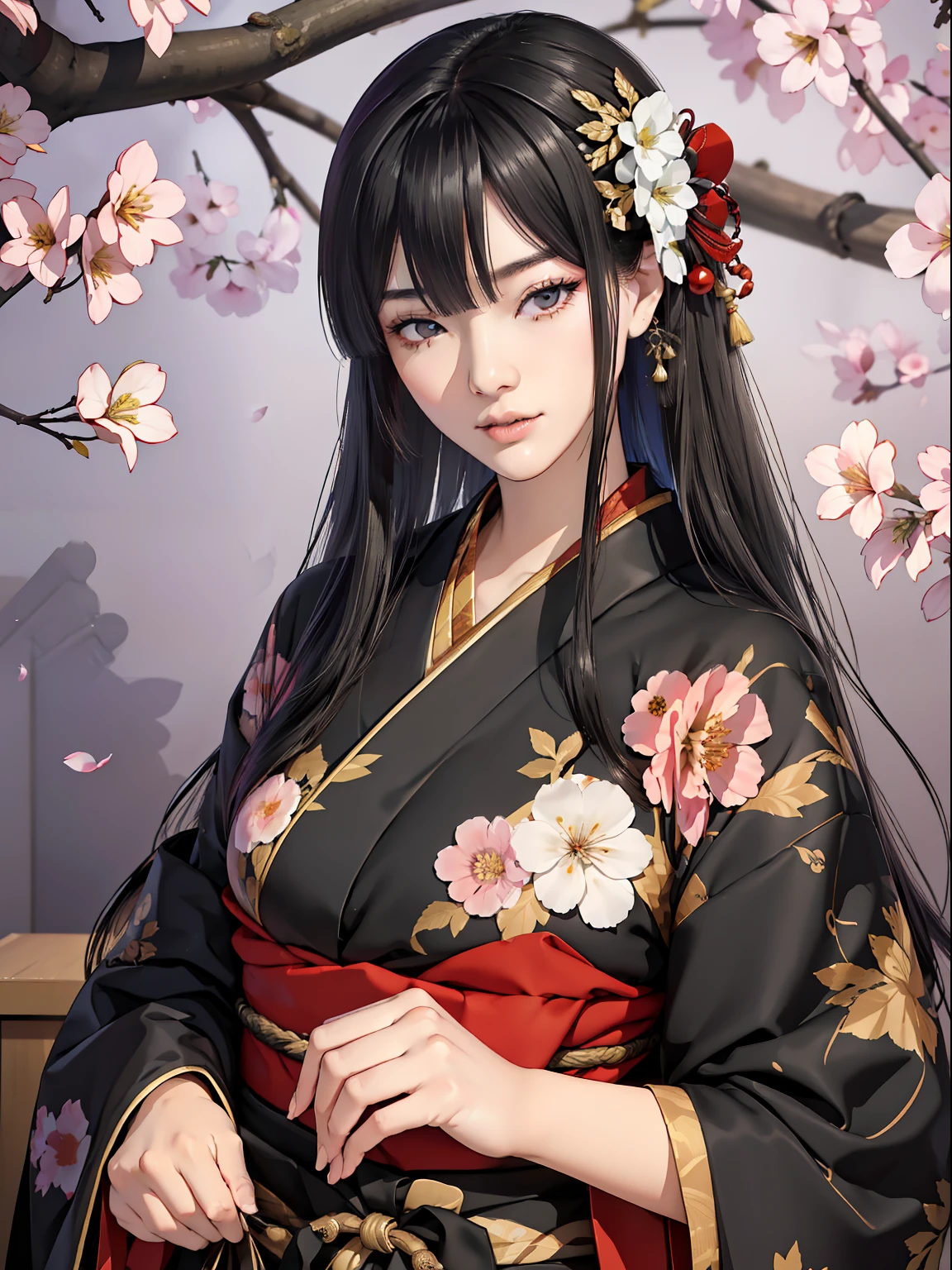 Mature girl、Long Black Hair、A slight smile、Black-haired、Colorful Japan kimono、Nishijin Ori、Delicate and smart eyes、intricate damask hanfu、Luxury accessories、FOV、F1.8、masterpiece、complex scenes、flower petals flying、Diagonal portrait shot、