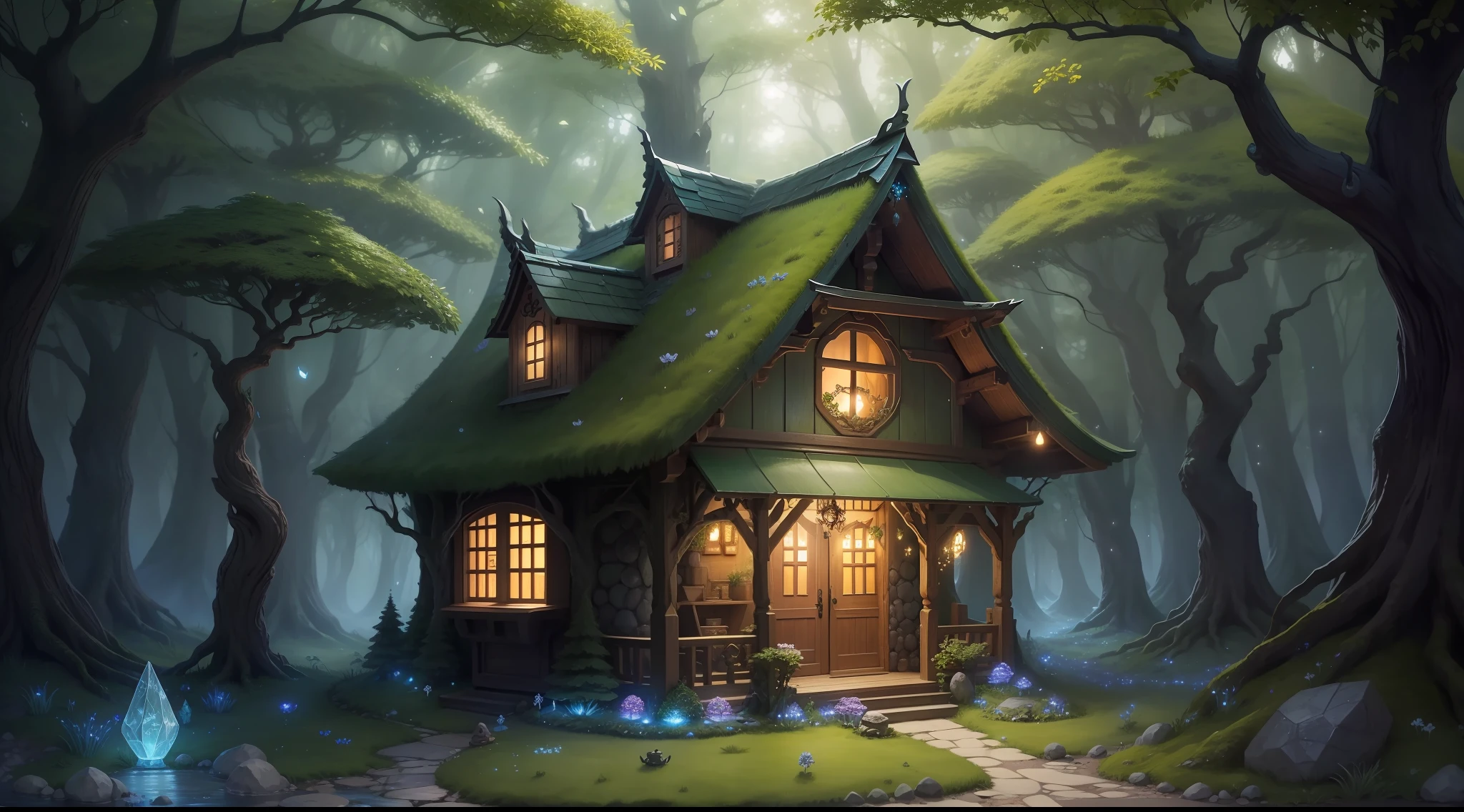The fantasy fairy house is full of enchanting magic、It is a small fantastic dwelling。The tree々Hide in between、It is located in a small glade where the twinkling light shines gently。The fairy house is made of stones and leaves、It features a beautiful design in harmony with natural materials。Its roof is、covered with green or gold moss,,、Blend in with nature。The house has small windows and doors.、Delicately carved carved sculptures。Glowing crystals and small particles of light、Beautifully illuminate the interior、It creates a fairy magic atmosphere。Magic flowers around the perimeter of the house々And trees in full bloom々々、Strange and beautiful creatures are playing