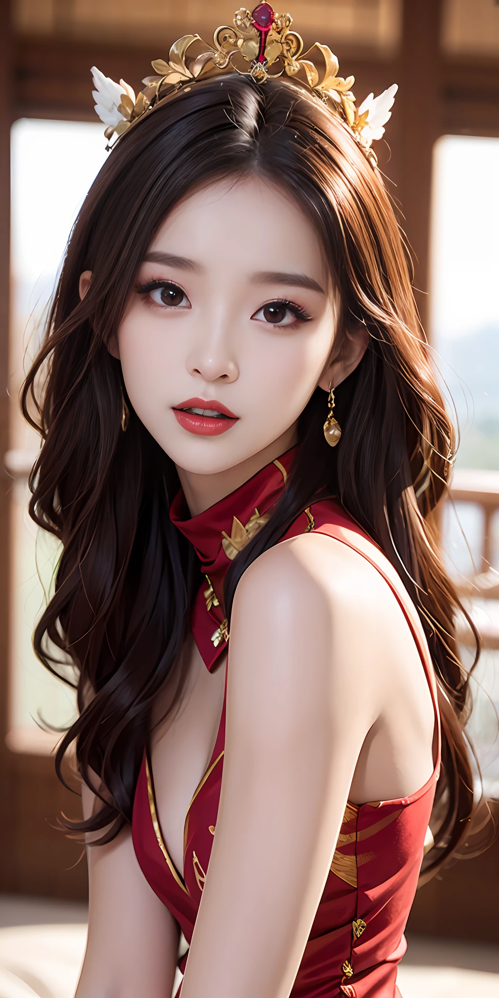 1 young queen in a red turtleneck A-line dress，Chinese style clothes，Ancient costume with many phoenix patterns，Flawless white powder surface，Wear a crown on your head，Black hair waist-length，Beautiful sharp brown eyes，Small red lips，lipstick，耳Nipple Ring，tall nose bridge，Slender legs，Portrait， most realistic， HighestQuali， best pixels， 8K Ultra，Not exposed