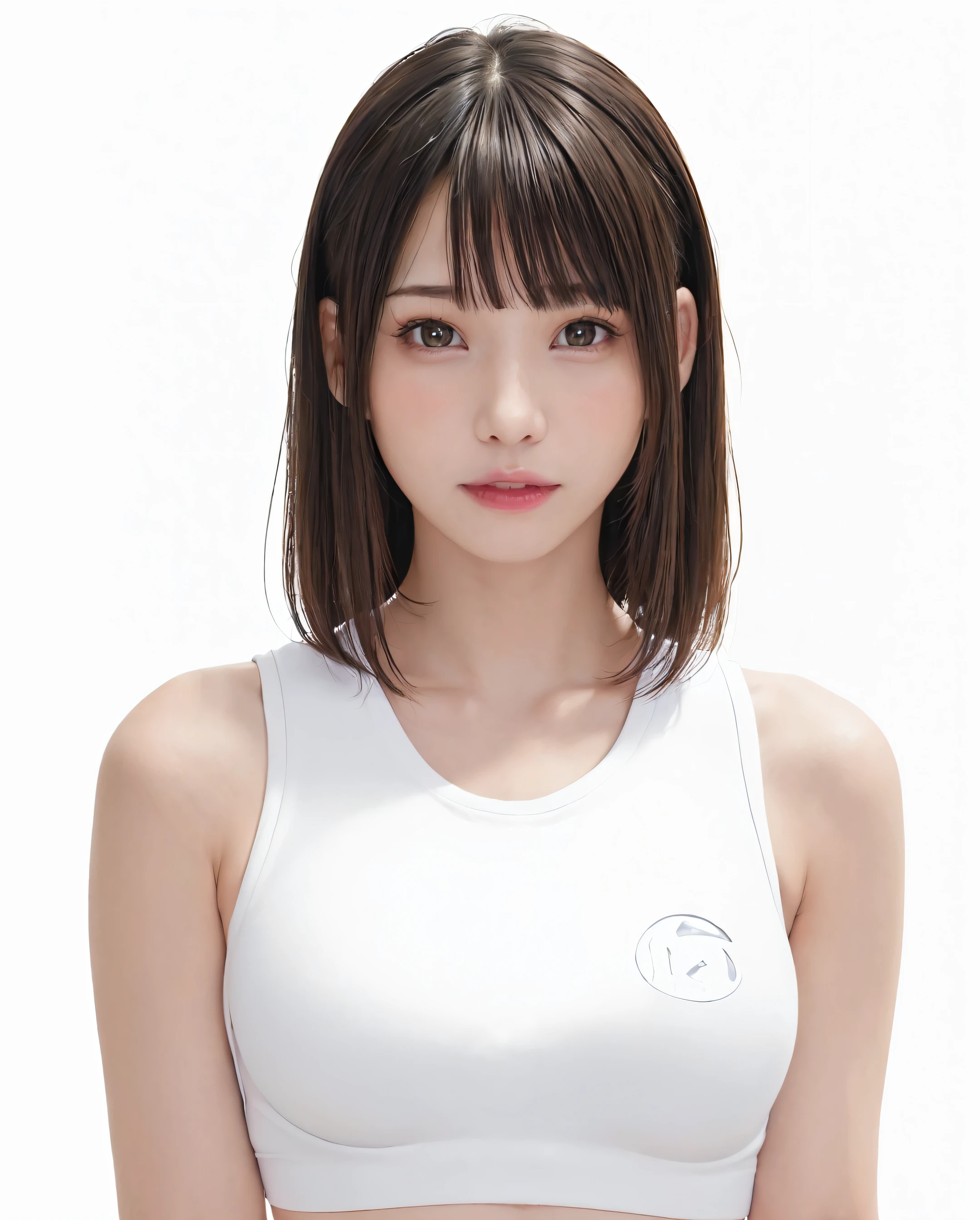 best quality, photorealistic, 8k, high res, 1girl, woman, (skindentation), (portrait:0.6), gorgeous, ((whitebackground, sport tanktop, small breast:1.72)), ((short straight hair, parted bangs:1.7)), looking at viewer, (1girl eyes looking at viewer:1.6), photorealistic, (bokeh), (smile, closed mouth:1.3), gorgeous, pureerosface_v1:1,
