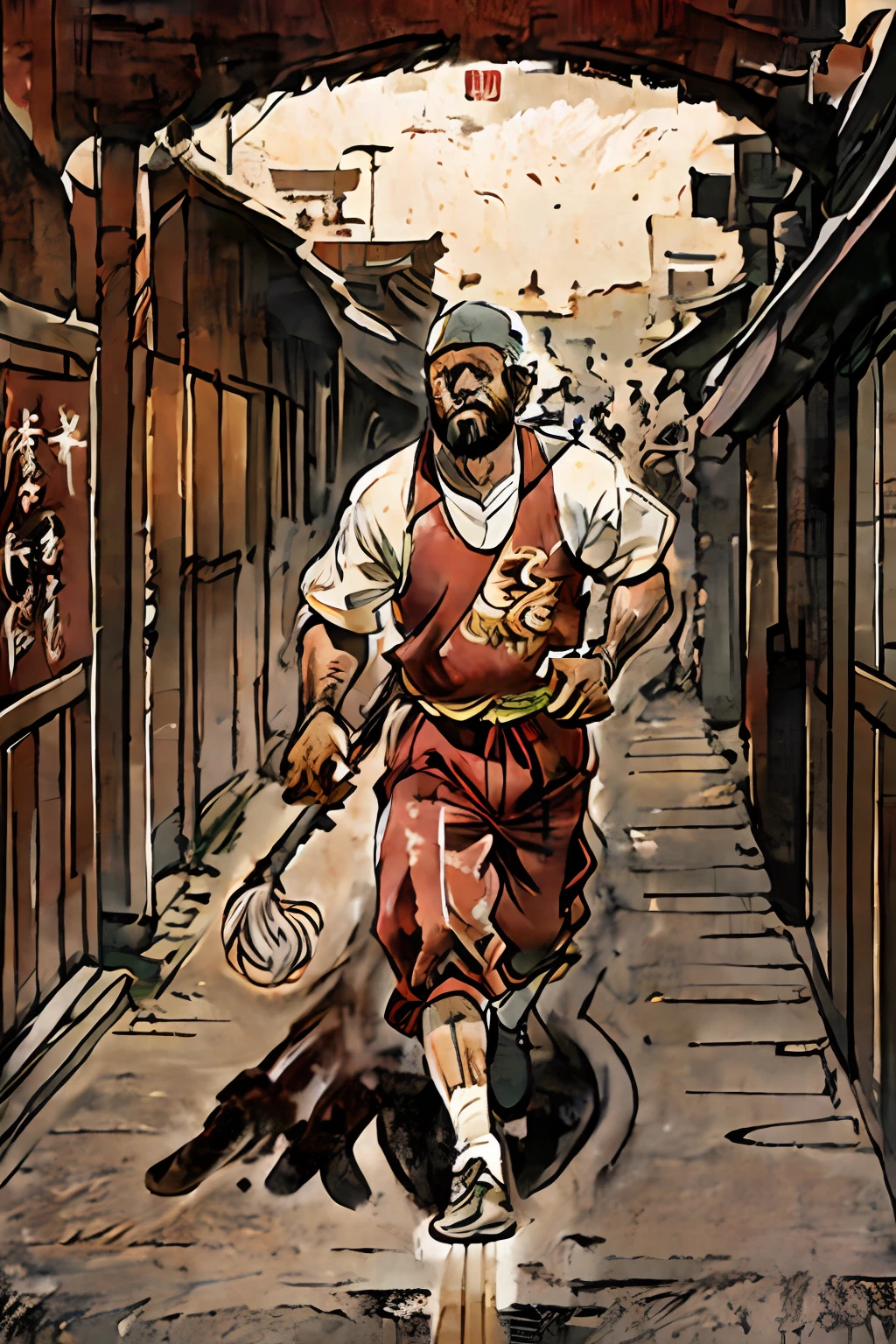 LeBron James,China in 1970,Wear a Tang costume,Pedal the bike,full of sweat,夏天,The alley of the courtyard,A old man,Walking the dog,Frightened