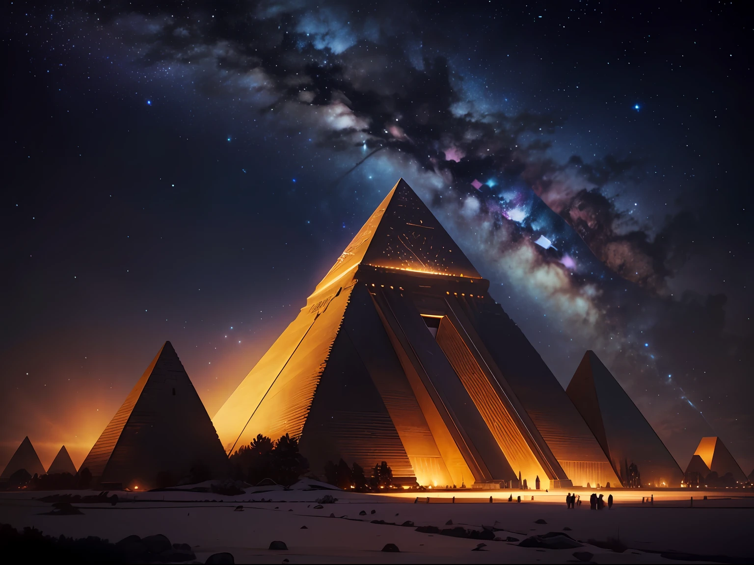 A mesmerizing photograph of a pyramid complex at night, with a sky full of sparkling stars and the Milky Way. The majestic pyramids stand tall, creating a mysterious and awe-inspiring sight against the backdrop of the night. The starry sky perfectly complements the silhouette of the pyramids, resulting in a hyper-realistic landscape. This high-quality image captures the enchantment and beauty of the pyramid complex under the starry night sky --auto