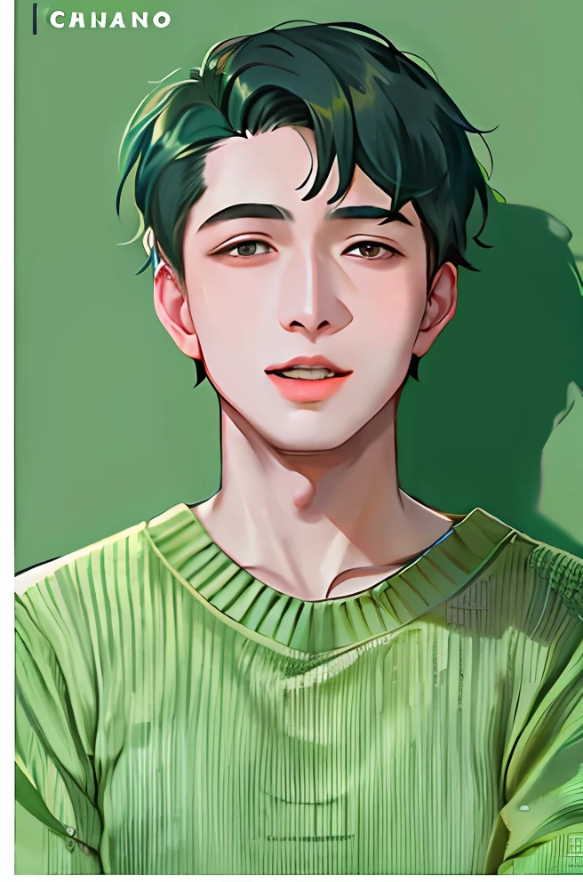 Close-up of a person in a green sweater and hairstyle, ruan jia beautiful!, yanjun cheng, jung jaehyun, By Ni Tian, inspired by Ding Yunpeng, inspired by Wuzhun Shifan, Inspired by Ding Guanpeng, author:Cheng Jiasui, bian luan, hyung tae, jin shan, author:Xia Yong, Yan