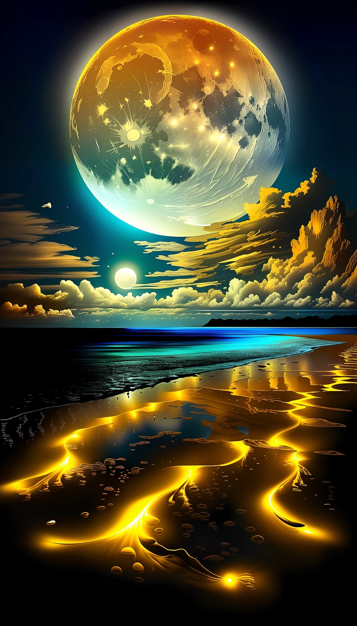 a painting of a beach with a golden full moon and some clouds, magical beach, sandy white moon landscape, surreal space, magnificent background, beautiful image already created, universe in a grain of sand, magical ocean blue drops, detailed dreamscape, moon shining golden light, beautiful breathtaking dreamer, in the astral plane ) ), stunning screensaver, beautiful space, beautiful moonlight