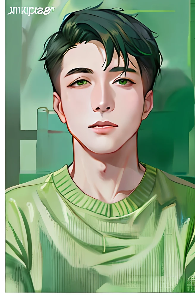 Close-up of a person in a green sweater and hairstyle, ruan jia beautiful!, yanjun cheng, jung jaehyun, By Ni Tian, inspired by Ding Yunpeng, inspired by Wuzhun Shifan, Inspired by Ding Guanpeng, author:Cheng Jiasui, bian luan, hyung tae, jin shan, author:Xia Yong, Yan