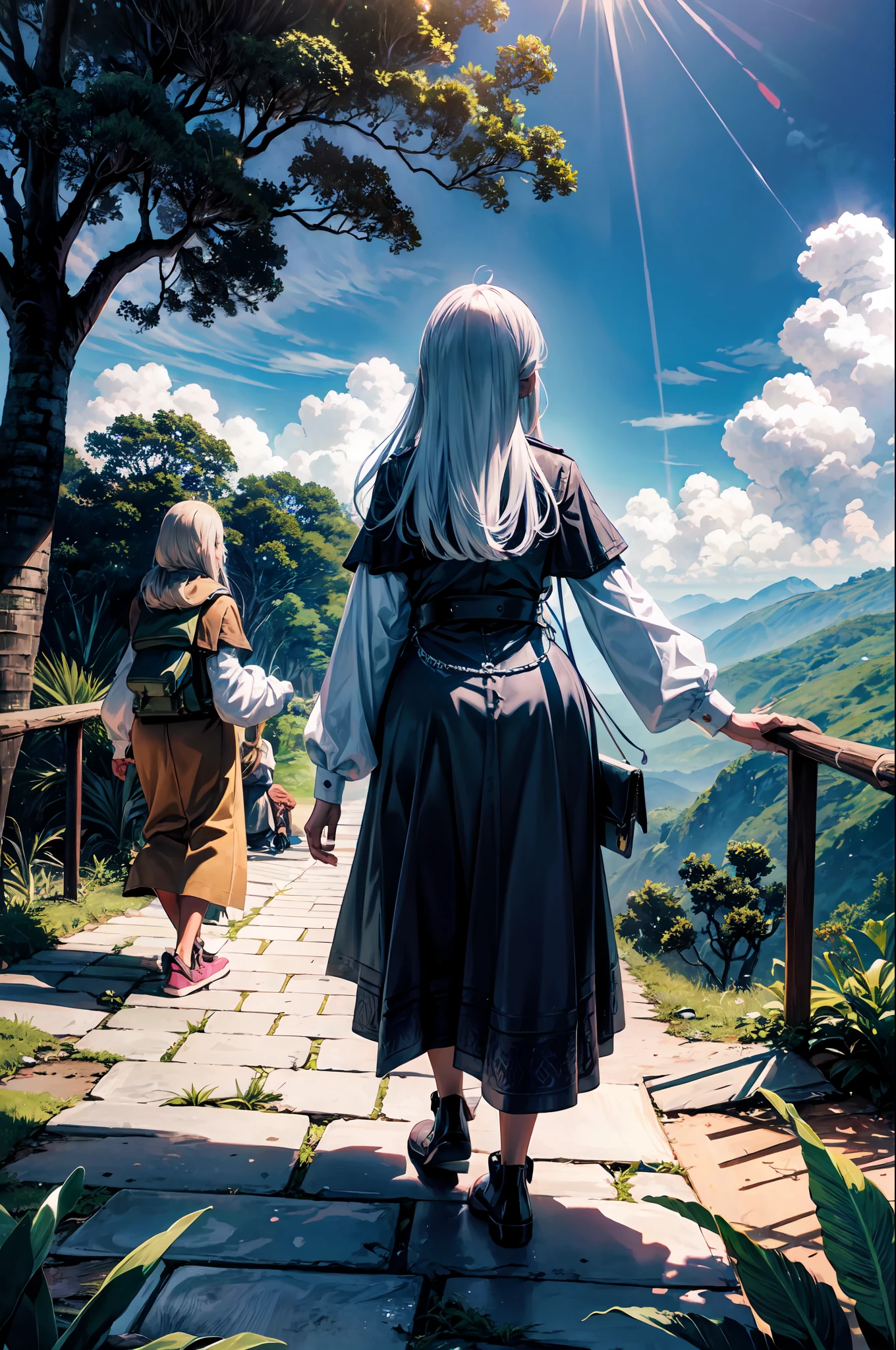 The image shows Nanashi Mumei and Laplus walking through the jungles near Santo Ángel in Venezuela. Both are dressed in light and comfortable clothing, and have backpacks on their backs. All around you, you can see towering trees, colorful flowers, and the lush vegetation of the jungle. In the background, you can see the majesty of the Holy Angel, towering majestically over the jungle. The sky is clear, which makes the image impressive and vibrant. The image shows two adventurous women exploring the beauty of the jungle and the majesty of the Holy Angel in Venezuela. It is a stunning image that captures the emotion and beauty of nature.