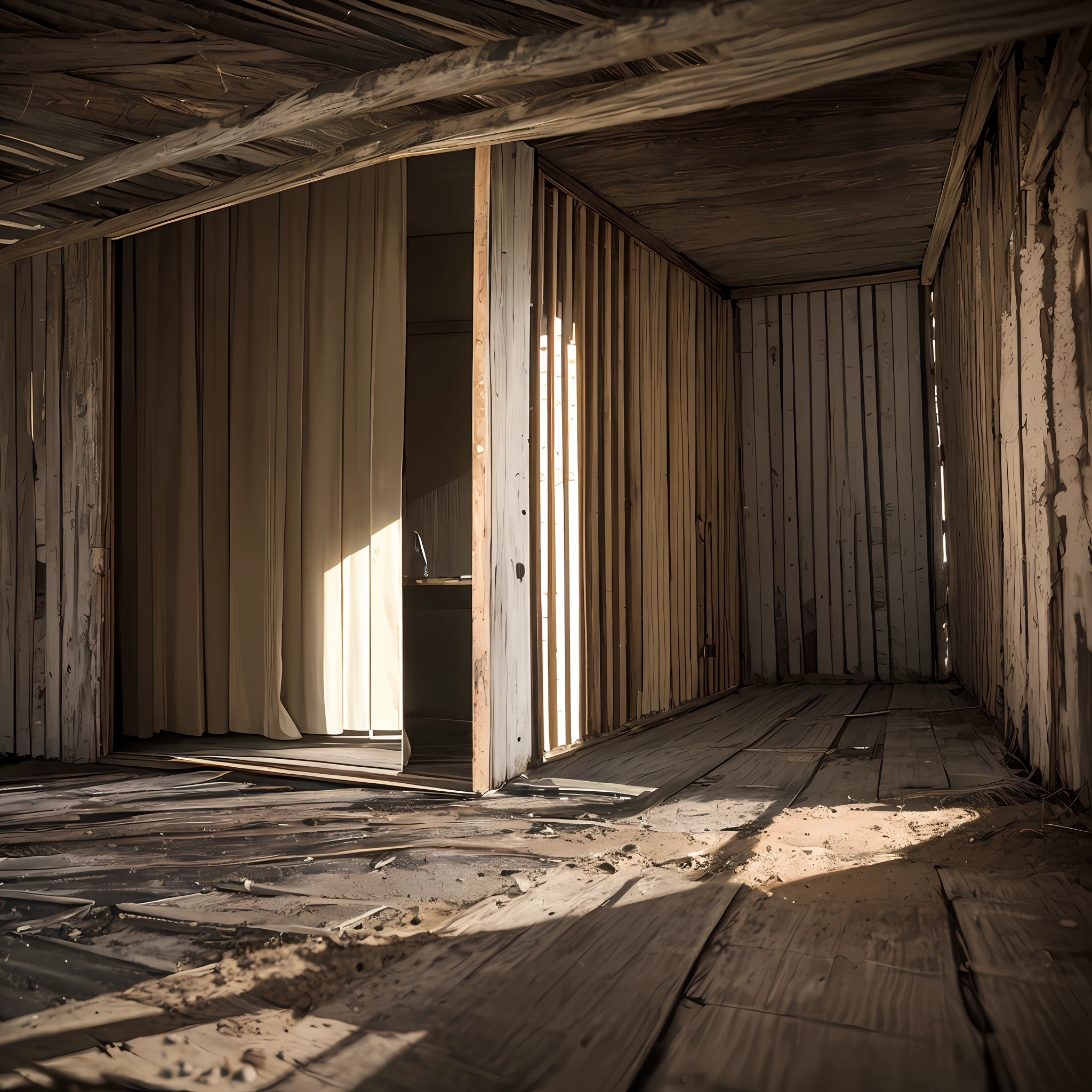 Uma foto da cabana abandonada no meio da ilha, covered by time and with an enigmatic appearance. Lighting creates intense shadows, ressaltando os detalhes da estrutura de madeira.