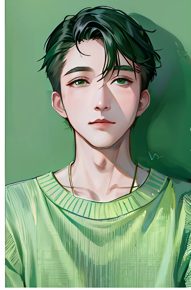 Close-up of a person in a green sweater and hairstyle, ruan jia beautiful!, yanjun cheng, jung jaehyun, By Ni Tian, inspired by Ding Yunpeng, inspired by Wuzhun Shifan, Inspired by Ding Guanpeng, author：Cheng Jiasui, bian luan, hyung tae, jin shan, author：Xia Yong, Yan