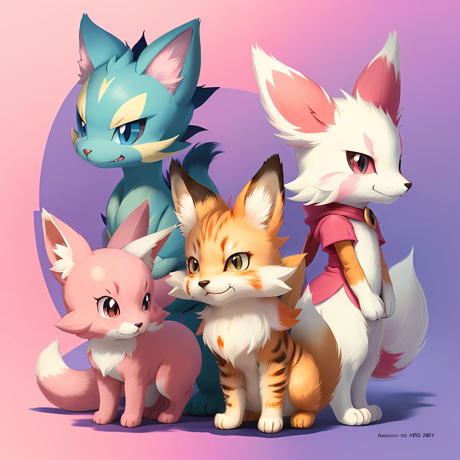 Cartoon cat stands up with pink and white stripes, a digital rendering by Ken Sugimori, reddit, mingei, similar to pokemon, style of cute pokemon, ken sugimori art, shirabii, new pokemon, style of pokemon, pink iconic character, with tail, the fox-like evolution pokemon, weird pokemon, illustration pokemon, guggimon