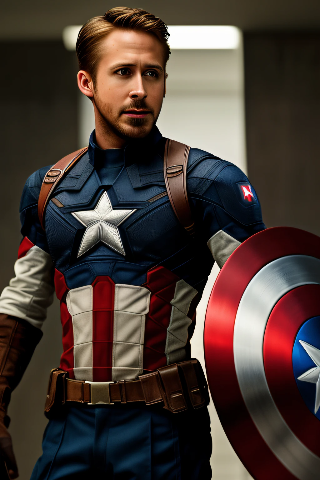 Extremely detailed photo of a man wearing Captain America's armor, Ryan Gosling, barba curta elegante, photoshoot modelo, 8k UHD, ultra detalhado, fotografia RAW