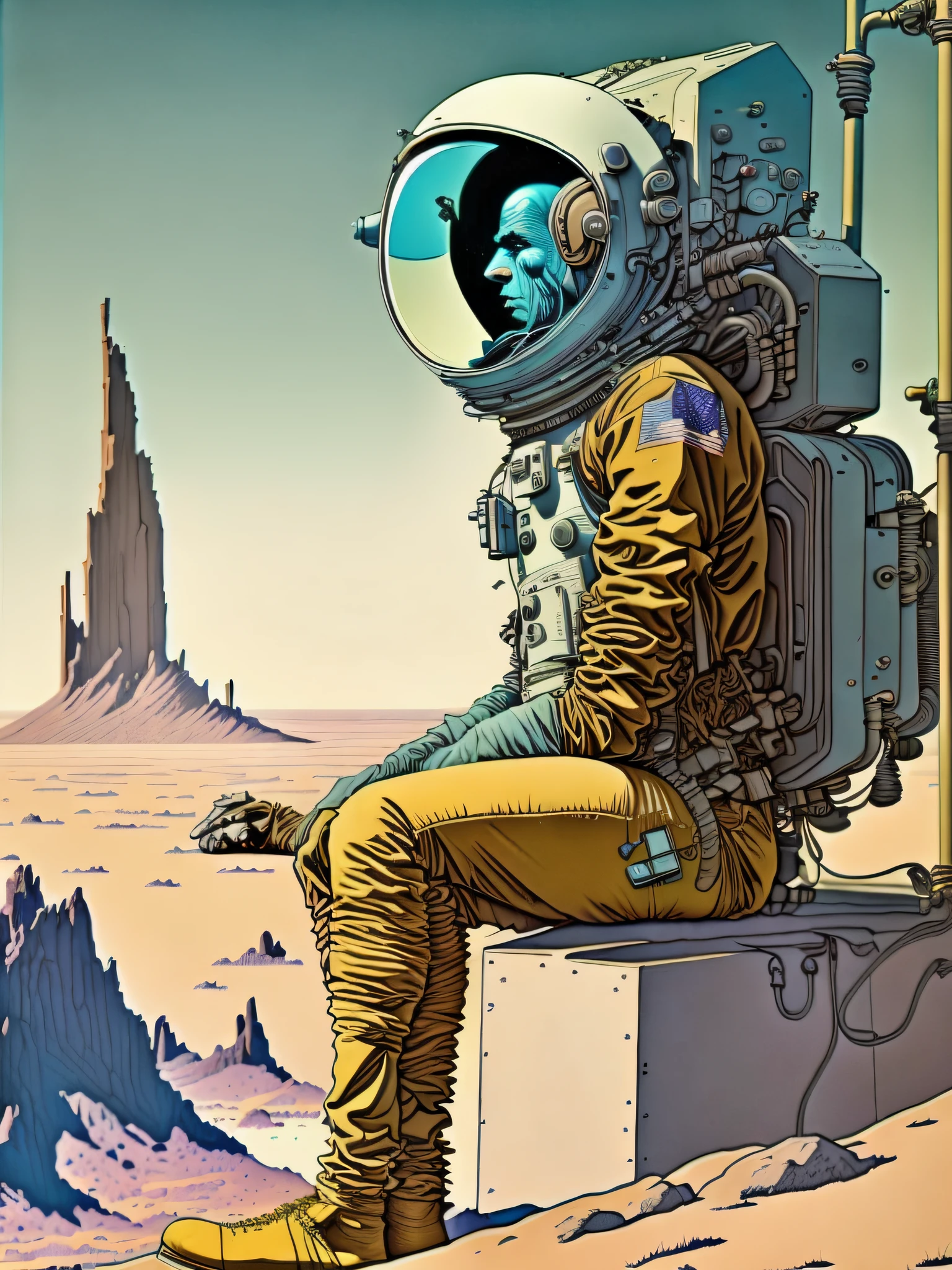 a painting of a Astronaut in Space Suit, sitting on a cliff with a spaceship in the background by Moebius Jean Giraud