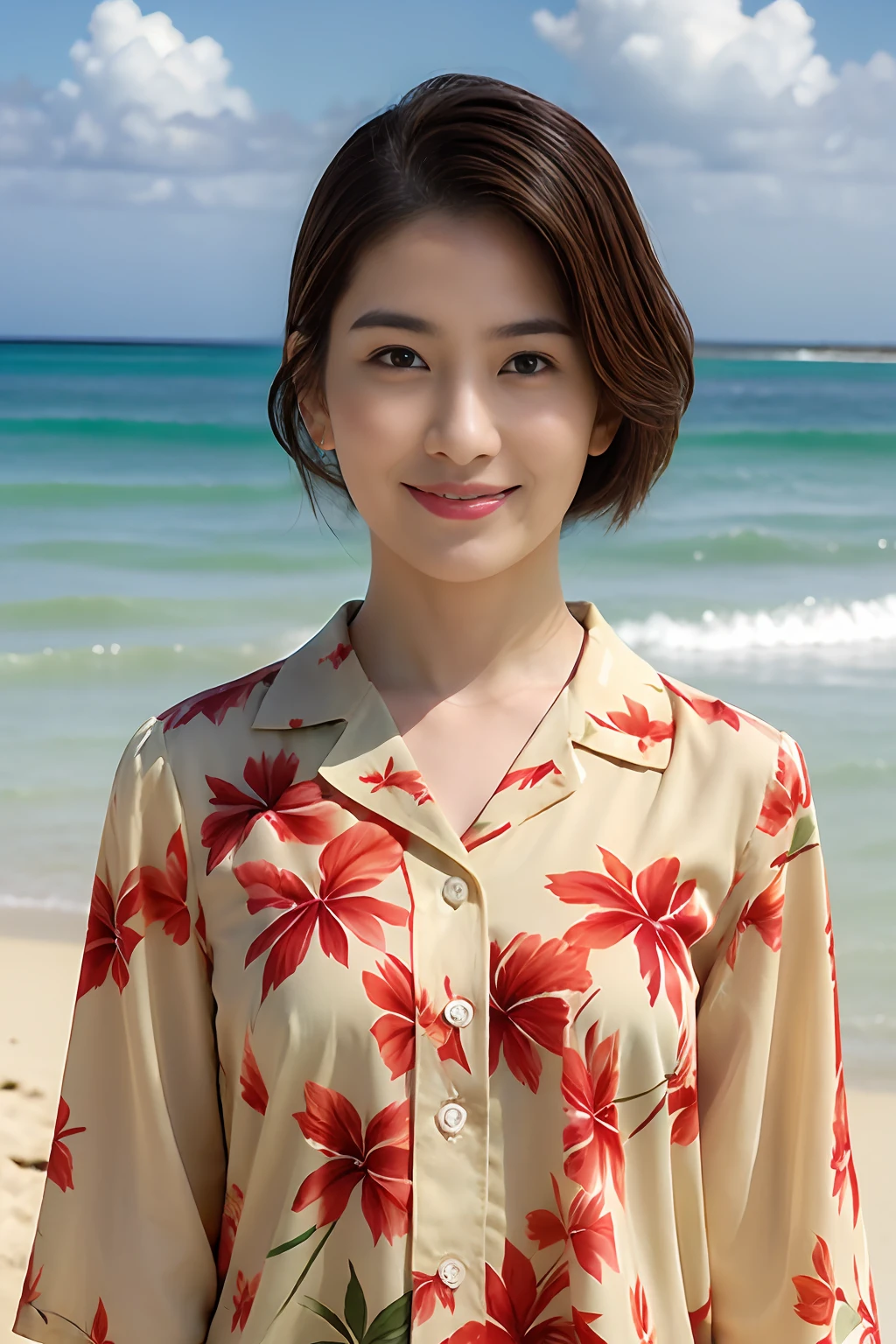 top-quality、masterpiece、超A high resolution、女の子1人、Shorthair、Hibiscus print Aloha shirt、Being on the beach