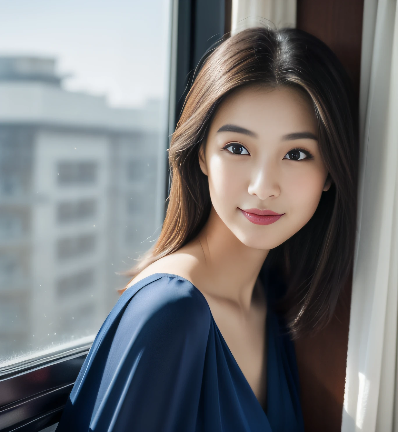 Korean women, goddess, perfect body, upper body, balls hair, fine skin texture and cloth texture, detailed eye texture, detailed eyeball, long eyelashes, fine eyelashes close-up, double eyelids, light smile, snow-white skin, photography mode, (eyes looking out the window: 1.4), 8k, highest image quality, masterpiece, super high resolution: 1.2, beautiful female photo with elegant style theme, Arapei woman in navy blue dress looking out the window, photography mode, chiffon fabric, Fine fabric texture, slip dress, fluent dress, elegant navy blue dress, elegant dress, upper body view, wearing dress, (side) silhouette, elegant dress, wearing dress, rear view, tight